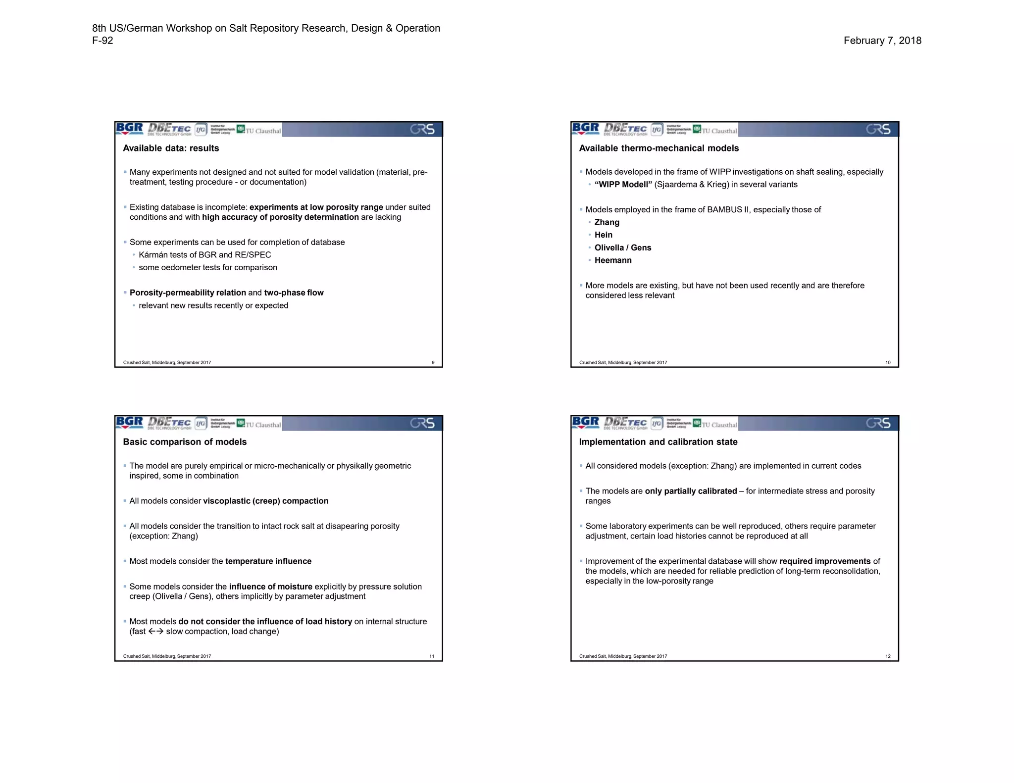 Available data: results
Crushed Salt, Middelburg, September 2017 9
 Many experiments not designed and not suited for model validation (material, pre-
treatment, testing procedure - or documentation)
 Existing database is incomplete: experiments at low porosity range under suited
conditions and with high accuracy of porosity determination are lacking
 Some experiments can be used for completion of database
• Kármán tests of BGR and RE/SPEC
• some oedometer tests for comparison
 Porosity-permeability relation and two-phase flow
• relevant new results recently or expected
Available thermo-mechanical models
Crushed Salt, Middelburg, September 2017 10
 Models developed in the frame of WIPP investigations on shaft sealing, especially
• “WIPP Modell” (Sjaardema & Krieg) in several variants
 Models employed in the frame of BAMBUS II, especially those of
• Zhang
• Hein
• Olivella / Gens
• Heemann
 More models are existing, but have not been used recently and are therefore
considered less relevant
Basic comparison of models
Crushed Salt, Middelburg, September 2017 11
 The model are purely empirical or micro-mechanically or physikally geometric
inspired, some in combination
 All models consider viscoplastic (creep) compaction
 All models consider the transition to intact rock salt at disapearing porosity
(exception: Zhang)
 Most models consider the temperature influence
 Some models consider the influence of moisture explicitly by pressure solution
creep (Olivella / Gens), others implicitly by parameter adjustment
 Most models do not consider the influence of load history on internal structure
(fast  slow compaction, load change)
Implementation and calibration state
Crushed Salt, Middelburg, September 2017 12
 All considered models (exception: Zhang) are implemented in current codes
 The models are only partially calibrated – for intermediate stress and porosity
ranges
 Some laboratory experiments can be well reproduced, others require parameter
adjustment, certain load histories cannot be reproduced at all
 Improvement of the experimental database will show required improvements of
the models, which are needed for reliable prediction of long-term reconsolidation,
especially in the low-porosity range
8th US/German Workshop on Salt Repository Research, Design & Operation
F-92 February 7, 2018
 