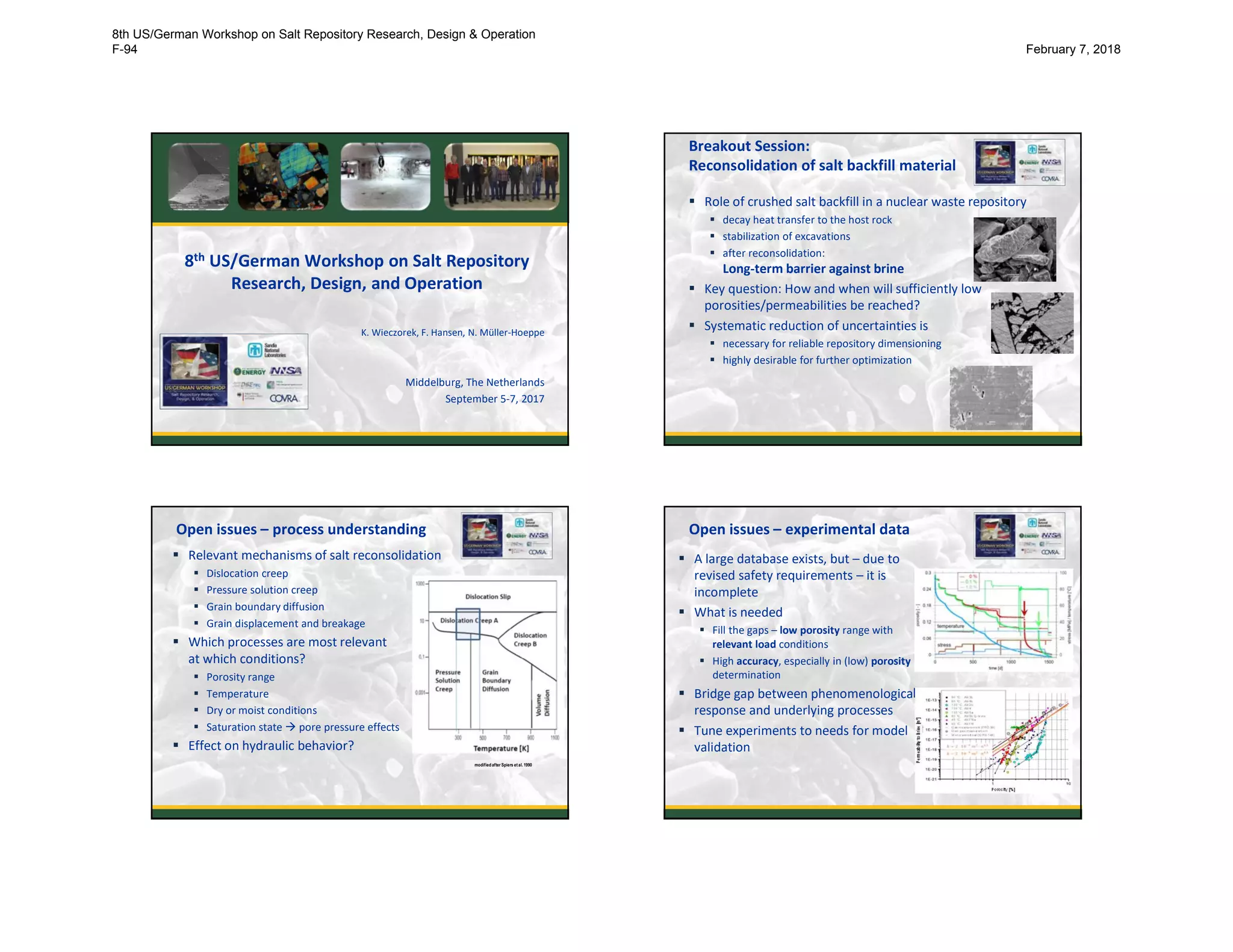 8th US/German Workshop on Salt Repository
Research, Design, and Operation
K. Wieczorek, F. Hansen, N. Müller-Hoeppe
Middelburg, The Netherlands
September 5-7, 2017
Breakout Session:
Reconsolidation of salt backfill material
2
 Role of crushed salt backfill in a nuclear waste repository
 decay heat transfer to the host rock
 stabilization of excavations
 after reconsolidation:
Long-term barrier against brine
 Key question: How and when will sufficiently low
porosities/permeabilities be reached?
 Systematic reduction of uncertainties is
 necessary for reliable repository dimensioning
 highly desirable for further optimization
Open issues – process understanding
 Relevant mechanisms of salt reconsolidation
 Dislocation creep
 Pressure solution creep
 Grain boundary diffusion
 Grain displacement and breakage
 Which processes are most relevant
at which conditions?
 Porosity range
 Temperature
 Dry or moist conditions
 Saturation state  pore pressure effects
 Effect on hydraulic behavior?
3
modifiedafter Spiers et al. 1990
Open issues – experimental data
 A large database exists, but – due to
revised safety requirements – it is
incomplete
 What is needed
 Fill the gaps – low porosity range with
relevant load conditions
 High accuracy, especially in (low) porosity
determination
 Bridge gap between phenomenological
response and underlying processes
 Tune experiments to needs for model
validation
4
8th US/German Workshop on Salt Repository Research, Design & Operation
F-94 February 7, 2018
 