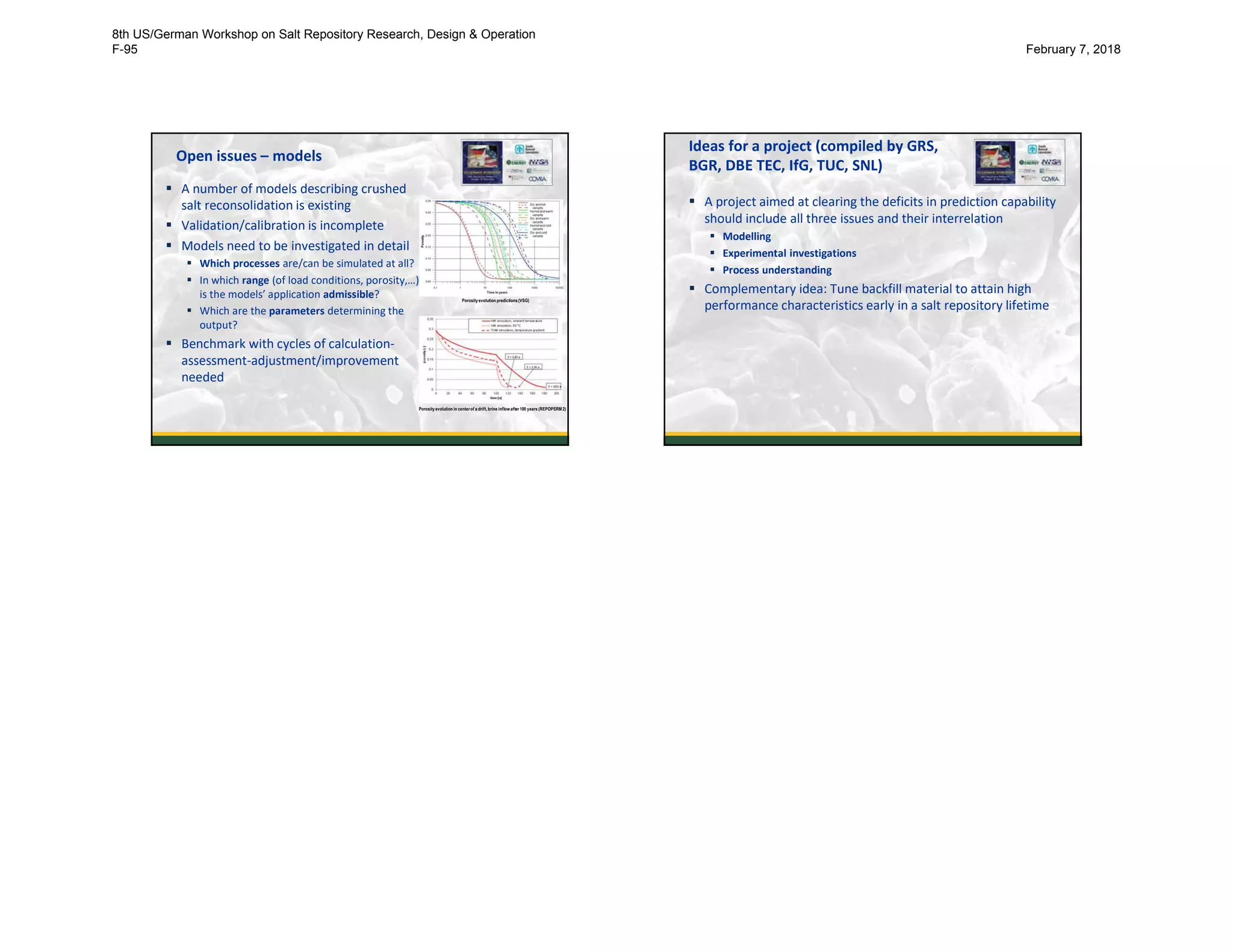 Open issues – models
 A number of models describing crushed
salt reconsolidation is existing
 Validation/calibration is incomplete
 Models need to be investigated in detail
 Which processes are/can be simulated at all?
 In which range (of load conditions, porosity,…)
is the models’ application admissible?
 Which are the parameters determining the
output?
 Benchmark with cycles of calculation-
assessment-adjustment/improvement
needed
5
Porosityevolution in centerof a drift, brine inflow after 100 years (REPOPERM 2)
Porosityevolution predictions(VSG)
Ideas for a project (compiled by GRS,
BGR, DBE TEC, IfG, TUC, SNL)
 A project aimed at clearing the deficits in prediction capability
should include all three issues and their interrelation
 Modelling
 Experimental investigations
 Process understanding
 Complementary idea: Tune backfill material to attain high
performance characteristics early in a salt repository lifetime
6
8th US/German Workshop on Salt Repository Research, Design & Operation
F-95 February 7, 2018
 