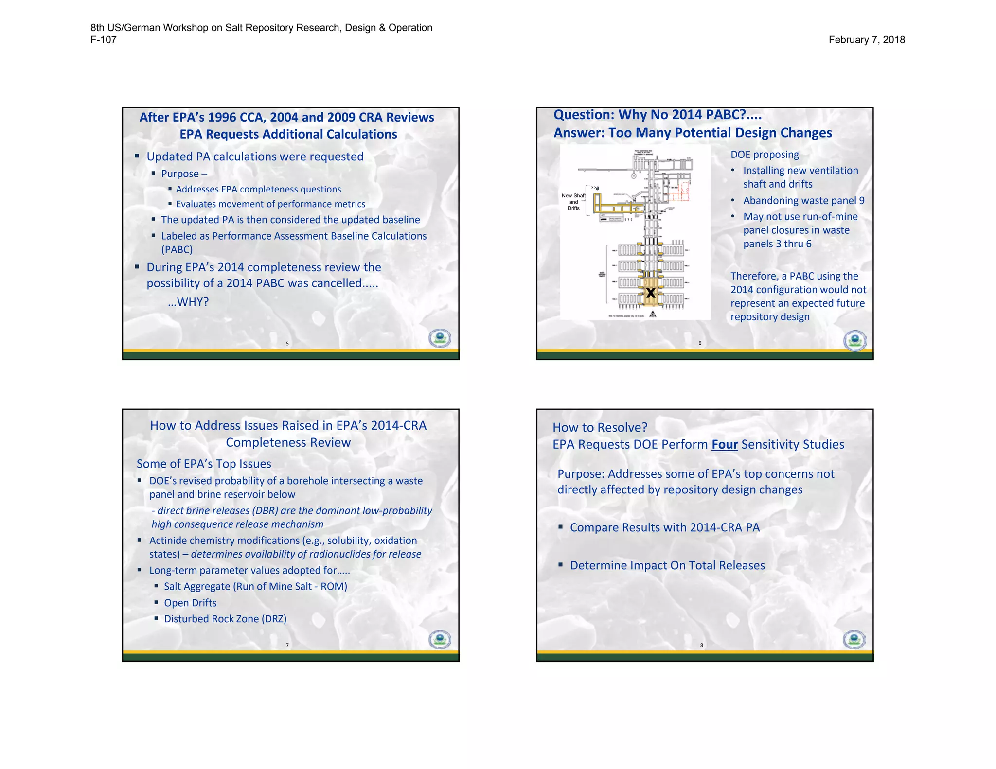 5
After EPA’s 1996 CCA, 2004 and 2009 CRA Reviews
EPA Requests Additional Calculations
 Updated PA calculations were requested
 Purpose –
 Addresses EPA completeness questions
 Evaluates movement of performance metrics
 The updated PA is then considered the updated baseline
 Labeled as Performance Assessment Baseline Calculations
(PABC)
 During EPA’s 2014 completeness review the
possibility of a 2014 PABC was cancelled.....
…WHY?
5
6
DOE proposing
• Installing new ventilation
shaft and drifts
• Abandoning waste panel 9
• May not use run-of-mine
panel closures in waste
panels 3 thru 6
Therefore, a PABC using the
2014 configuration would not
represent an expected future
repository design
6
New Shaft
and
Drifts
? ? ?
? ? ?
x
Question: Why No 2014 PABC?....
Answer: Too Many Potential Design Changes
7
How to Address Issues Raised in EPA’s 2014-CRA
Completeness Review
Some of EPA’s Top Issues
 DOE’s revised probability of a borehole intersecting a waste
panel and brine reservoir below
- direct brine releases (DBR) are the dominant low-probability
high consequence release mechanism
 Actinide chemistry modifications (e.g., solubility, oxidation
states) – determines availability of radionuclides for release
 Long-term parameter values adopted for…..
 Salt Aggregate (Run of Mine Salt - ROM)
 Open Drifts
 Disturbed Rock Zone (DRZ)
7
8
How to Resolve?
EPA Requests DOE Perform Four Sensitivity Studies
Purpose: Addresses some of EPA’s top concerns not
directly affected by repository design changes
 Compare Results with 2014-CRA PA
 Determine Impact On Total Releases
8
8th US/German Workshop on Salt Repository Research, Design & Operation
F-107 February 7, 2018
 