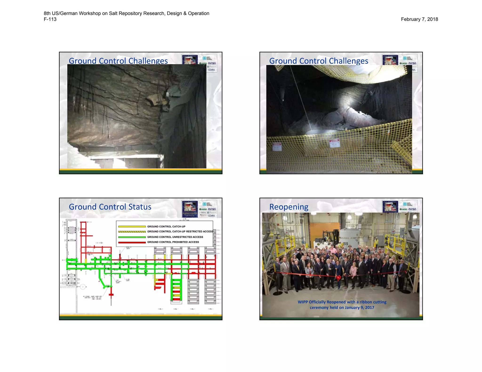 Ground Control Challenges
9
Ground Control Challenges
10
Ground Control Status
11
GROUND CONTROL CATCH-UP
GROUND CONTROL CATCH-UP RESTRICTED ACCESS
GROUND CONTROL UNRESTRICTED ACCESS
GROUND CONTROL PROHIBITED ACCESS
Reopening
12
WIPP Officially Reopened with a ribbon cutting
ceremony held on January 9, 2017
8th US/German Workshop on Salt Repository Research, Design & Operation
F-113 February 7, 2018
 