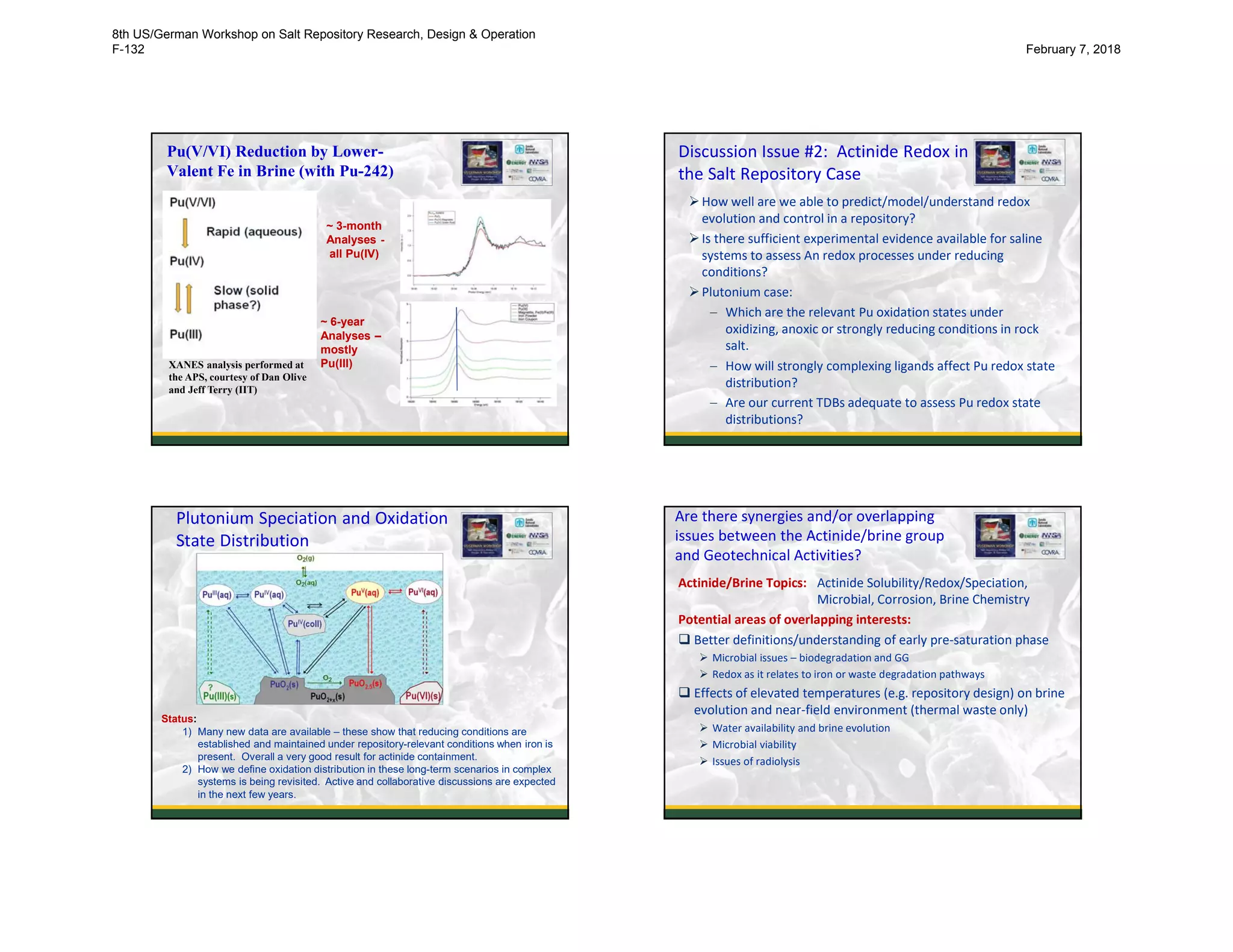 Pu(V/VI) Reduction by Lower-
Valent Fe in Brine (with Pu-242)
~ 3-month
Analyses -
all Pu(IV)
~ 6-year
Analyses –
mostly
Pu(III)XANES analysis performed at
the APS, courtesy of Dan Olive
and Jeff Terry (IIT)
Discussion Issue #2: Actinide Redox in
the Salt Repository Case
How well are we able to predict/model/understand redox
evolution and control in a repository?
Is there sufficient experimental evidence available for saline
systems to assess An redox processes under reducing
conditions?
Plutonium case:
 Which are the relevant Pu oxidation states under
oxidizing, anoxic or strongly reducing conditions in rock
salt.
 How will strongly complexing ligands affect Pu redox state
distribution?
 Are our current TDBs adequate to assess Pu redox state
distributions?
Plutonium Speciation and Oxidation
State Distribution
Status:
1) Many new data are available – these show that reducing conditions are
established and maintained under repository-relevant conditions when iron is
present. Overall a very good result for actinide containment.
2) How we define oxidation distribution in these long-term scenarios in complex
systems is being revisited. Active and collaborative discussions are expected
in the next few years.
Are there synergies and/or overlapping
issues between the Actinide/brine group
and Geotechnical Activities?
Actinide/Brine Topics: Actinide Solubility/Redox/Speciation,
Microbial, Corrosion, Brine Chemistry
Potential areas of overlapping interests:
 Better definitions/understanding of early pre-saturation phase
 Microbial issues – biodegradation and GG
 Redox as it relates to iron or waste degradation pathways
 Effects of elevated temperatures (e.g. repository design) on brine
evolution and near-field environment (thermal waste only)
 Water availability and brine evolution
 Microbial viability
 Issues of radiolysis
20
8th US/German Workshop on Salt Repository Research, Design & Operation
F-132 February 7, 2018
 