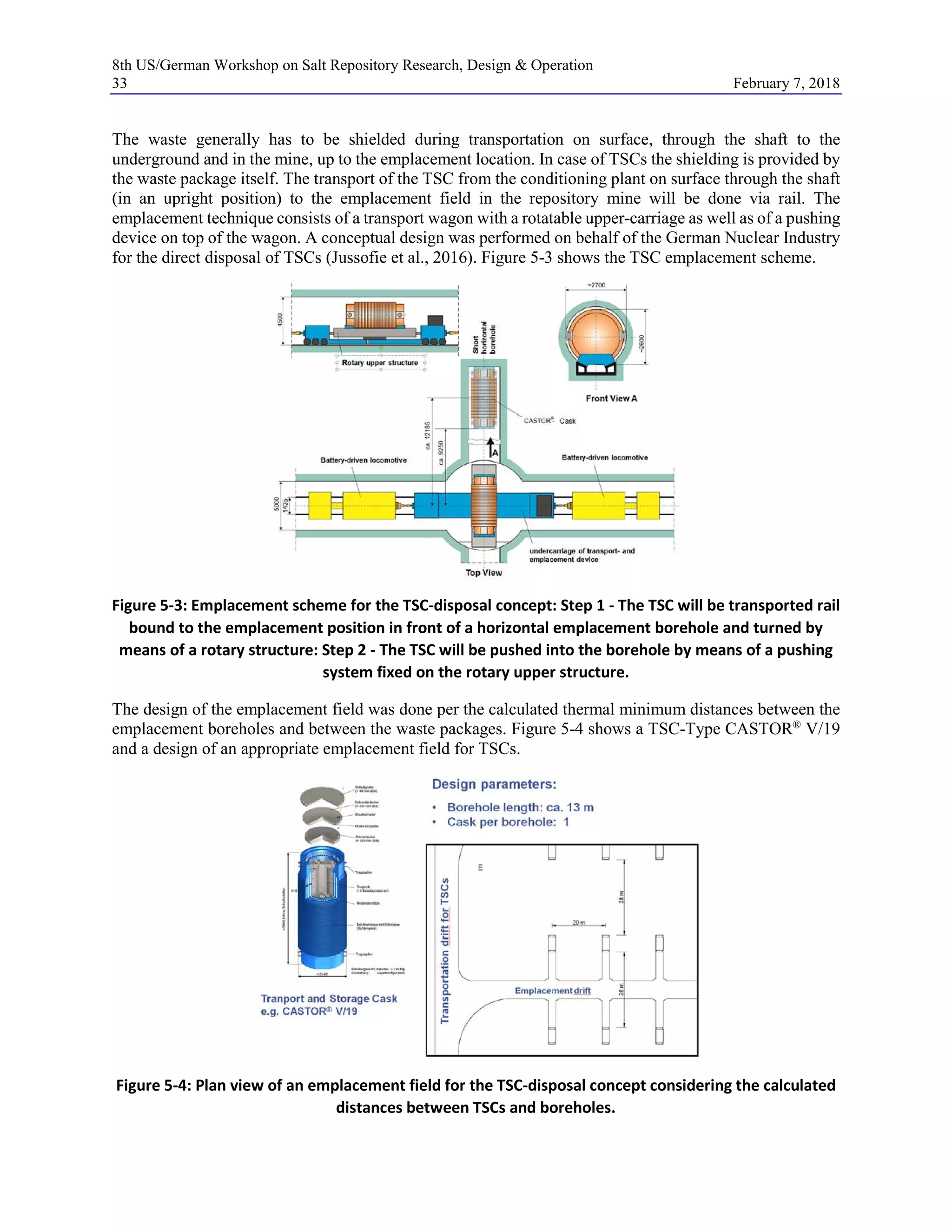 8th US/German Workshop on Salt Repository Research, Design & Operation
33 February 7, 2018
The waste generally has to be shielded during transportation on surface, through the shaft to the
underground and in the mine, up to the emplacement location. In case of TSCs the shielding is provided by
the waste package itself. The transport of the TSC from the conditioning plant on surface through the shaft
(in an upright position) to the emplacement field in the repository mine will be done via rail. The
emplacement technique consists of a transport wagon with a rotatable upper-carriage as well as of a pushing
device on top of the wagon. A conceptual design was performed on behalf of the German Nuclear Industry
for the direct disposal of TSCs (Jussofie et al., 2016). Figure 5-3 shows the TSC emplacement scheme.
Figure 5-3: Emplacement scheme for the TSC-disposal concept: Step 1 - The TSC will be transported rail
bound to the emplacement position in front of a horizontal emplacement borehole and turned by
means of a rotary structure: Step 2 - The TSC will be pushed into the borehole by means of a pushing
system fixed on the rotary upper structure.
The design of the emplacement field was done per the calculated thermal minimum distances between the
emplacement boreholes and between the waste packages. Figure 5-4 shows a TSC-Type CASTOR®
V/19
and a design of an appropriate emplacement field for TSCs.
Figure 5-4: Plan view of an emplacement field for the TSC-disposal concept considering the calculated
distances between TSCs and boreholes.
 