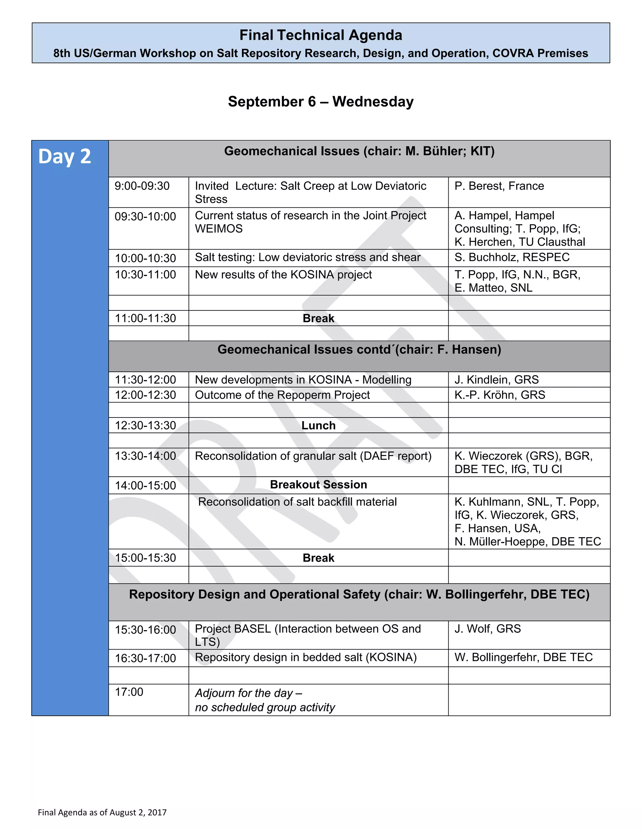 Final Technical Agenda
8th US/German Workshop on Salt Repository Research, Design, and Operation, COVRA Premises
Final Agenda as of August 2, 2017
September 6 – Wednesday
Day 2 Geomechanical Issues (chair: M. Bühler; KIT)
9:00-09:30 Invited Lecture: Salt Creep at Low Deviatoric
Stress
P. Berest, France
09:30-10:00 Current status of research in the Joint Project
WEIMOS
A. Hampel, Hampel
Consulting; T. Popp, IfG;
K. Herchen, TU Clausthal
10:00-10:30 Salt testing: Low deviatoric stress and shear S. Buchholz, RESPEC
10:30-11:00 New results of the KOSINA project T. Popp, IfG, N.N., BGR,
E. Matteo, SNL
11:00-11:30 Break
Geomechanical Issues contd´(chair: F. Hansen)
11:30-12:00 New developments in KOSINA - Modelling J. Kindlein, GRS
12:00-12:30 Outcome of the Repoperm Project K.-P. Kröhn, GRS
12:30-13:30 Lunch
13:30-14:00 Reconsolidation of granular salt (DAEF report) K. Wieczorek (GRS), BGR,
DBE TEC, IfG, TU Cl
14:00-15:00 Breakout Session
Reconsolidation of salt backfill material K. Kuhlmann, SNL, T. Popp,
IfG, K. Wieczorek, GRS,
F. Hansen, USA,
N. Müller-Hoeppe, DBE TEC
15:00-15:30 Break
Repository Design and Operational Safety (chair: W. Bollingerfehr, DBE TEC)
15:30-16:00 Project BASEL (Interaction between OS and
LTS)
J. Wolf, GRS
16:30-17:00 Repository design in bedded salt (KOSINA) W. Bollingerfehr, DBE TEC
17:00 Adjourn for the day –
no scheduled group activity
 
