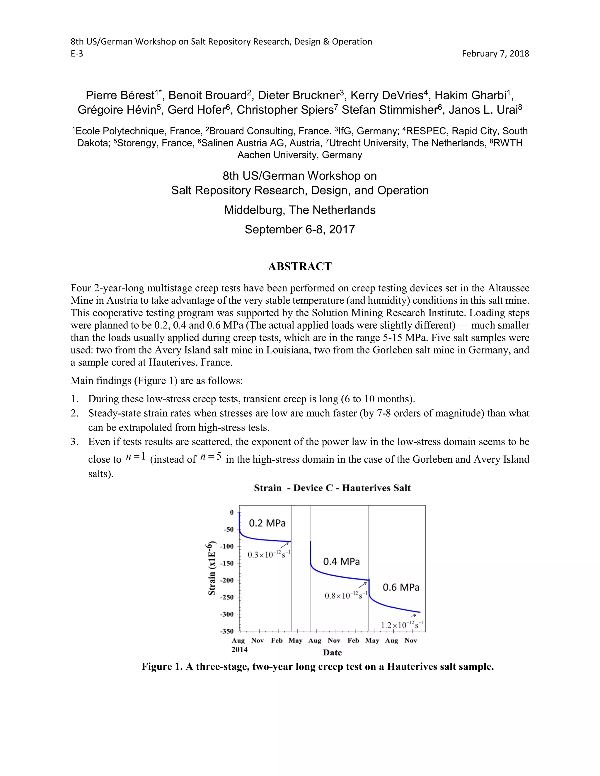 8th US/German Workshop on Salt Repository Research, Design & Operation
E-3 February 7, 2018
Pierre Bérest1*, Benoit Brouard2, Dieter Bruckner3, Kerry DeVries4, Hakim Gharbi1,
Grégoire Hévin5, Gerd Hofer6, Christopher Spiers7 Stefan Stimmisher6, Janos L. Urai8
1Ecole Polytechnique, France, 2Brouard Consulting, France. 3IfG, Germany; 4RESPEC, Rapid City, South
Dakota; 5Storengy, France, 6Salinen Austria AG, Austria, 7Utrecht University, The Netherlands, 8RWTH
Aachen University, Germany
8th US/German Workshop on
Salt Repository Research, Design, and Operation
Middelburg, The Netherlands
September 6-8, 2017
ABSTRACT
Four 2-year-long multistage creep tests have been performed on creep testing devices set in the Altaussee
Mine in Austria to take advantage of the very stable temperature (and humidity) conditions in this salt mine.
This cooperative testing program was supported by the Solution Mining Research Institute. Loading steps
were planned to be 0.2, 0.4 and 0.6 MPa (The actual applied loads were slightly different) — much smaller
than the loads usually applied during creep tests, which are in the range 5-15 MPa. Five salt samples were
used: two from the Avery Island salt mine in Louisiana, two from the Gorleben salt mine in Germany, and
a sample cored at Hauterives, France.
Main findings (Figure 1) are as follows:
1. During these low-stress creep tests, transient creep is long (6 to 10 months).
2. Steady-state strain rates when stresses are low are much faster (by 7-8 orders of magnitude) than what
can be extrapolated from high-stress tests.
3. Even if tests results are scattered, the exponent of the power law in the low-stress domain seems to be
close to 1n = (instead of 5n = in the high-stress domain in the case of the Gorleben and Avery Island
salts).
Figure 1. A three-stage, two-year long creep test on a Hauterives salt sample.
 