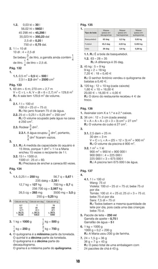 18 
1.2. 0,03 kl = 30 l 
56,02 hl = 5602 l 
45 298 ml = 45,298 l 
35,023 hl = 350,23 dal 
2,5 dl = 0,25 l 
750 cl = 0,75 dal. 
2. 1 l = 10 dl 
10 dl : 4 = 2,5 dl 
Se bebeu 
3 
4 
de litro, a garrafa ainda contém 
1 
4 
de litro. 
1 
4 
de litro = 2,5 dl. 
Pág. 132 
1. 
1.1. 0,5 m3 = 0,5 kl = 500 l 
2,5 l = 2,5 dm3 = 2500 cm3 
Pág. 133 
1. 60 dm = 6 m; 270 cm = 2,7 m 
V = C * L * A; V = (8 * 6 * 2,7) m3 = 129,6 m3 
R.: A sala tem 129,6 m3 de volume. 
2. 
2.1. 1 l = 100 cl 
100 cl – 25 cl = 75 cl. 
R.: No jarro ficaram 75 cl de água. 
2.2. 25 cl = 0,25 l = 0,25 dm3 = 250 cm3 
R.: O volume ocupado pela água na caixa 
é 250 cm3. 
2.3. Rodear 3 
4 
dm3. 
2.3.1. A água ocupou 1 
4 
dm3, portanto, 
3 
4 
dm3 ficaram vazios. 
3. 
3.1. R.: A medida da capacidade do aquário é 
15 litros, porque 1 dm3 = 1 l e a Maria 
encheu 15 vezes o recipiente de 1 l. 
3.2. 15 l = 1500 cl. 
1500 cl : 25 cl = 60. 
R.: Precisava de encher a caneca 60 vezes. 
Pág. 134 
1. 
1.1. 0,25 t = 250 kg 56,7 q = 5,67 t 
235 dakg = 2,35 t 
12,7 kg = 127 hg 700 hg = 0,7 q 
256 700 cg = 2,567 kg 
26,5 cg = 265 mg 3500 mg = 3,5 g 
250 g = 0,25 kg 
2. 
Cálculo em hg Cálculo em dag Cálculo em g 
0,7 
2,5 
3,71 
+ 56,75 
63,66 
7 
25 
37,1 
+ 567,5 
636,6 
70 
250 
371 
+ 5675 
6366 
3. 1 kg = 1000 g 
1 
2 
kg = 500 g 
1 
4 
kg = 250 g 
3 
4 
kg = 750 g 
4. O quilograma é a milésima parte da tonelada. 
O quintal é a décima parte da tonelada. 
O quilograma é a décima parte do 
decaquilograma. 
O grama é a milésima parte do quilograma. 
Pág. 135 
1. 
Tipo de bola 
Massa 
(peso) em 
decagramas 
Massa 
(peso) em 
hectogramas 
Massa 
(peso) em 
quilogramas 
Basquetebol 63 dag 6,3 hg 0,63 kg 
Futebol 45,3 dag 4,53 hg 0,453 kg 
Vólei 28 dag 2,8 hg 0,28 kg 
1.1. R.: É a bola de basquetebol. 
1.2. 63 – 28 = 35 
R.: A diferença é 35 dag. 
2. 45 kg : 5 = 9 kg 
9 kg * 2 = 18 kg 
7,20 Æ : 18 = 0,40 Æ 
R.: O senhor António vendeu o quilograma de 
batatas a 0,40 Æ. 
3. 120 kg : 12 = 10 kg (cada caixote) 
1,60 Æ * 10 = 16,00 Æ 
20,00 Æ – 16,00 Æ = 4,00 Æ 
R.: O dono do restaurante recebeu 4 Æ de 
troco. 
Pág. 136 
1. Assinalar com X a 1.ª e a 2.ª caixas. 
2. 36 cm : 12 = 3 cm (cada aresta) 
V = A * A * A = (3 * 3 * 3) cm3 = 27 cm3 
R.: O volume do cubo é 27 cm3. 
3. 
3.1. 2,5 dam = 25 m 
30 dm = 3 m 
V = C * L * A = (25 * 12 * 3) m3 = 900 m3 
R.: O volume da piscina é 900 m3. 
3.2. 1 m3 = 1 kl 
900 m3 = 900 kl = 900 000 l 
900 000 l : 4 = 225 000 l 
225 000 l * 3 = 675 000 l 
R.: A piscina tem 675 000 l de água. 
Pág. 137 
4. 
4.1. 1 l = 100 cl 
Wang: 75 cl 
Violeta: 100 cl – 25 cl = 75 cl; bebe 75 cl 
por dia 
Tomás: 100 cl: 4 = 25 cl; 25 cl * 3 = 75 cl; 
bebe 75 cl por dia 
Sara: 7,5 dl = 75 cl 
R.: Todos bebem a mesma quantidade de 
leite por dia, pois cada uma das crianças 
bebe 75 cl. 
5. Pacote de leite – 250 ml 
Garrafa de azeite – 0,75 l 
Garrafão de água – 5 l 
6. 1 kg = 1000 g 
1000 g * 0,2 = 200 g 
R.: A Maria usou 200 g de farinha. 
7. 24 * 1,5 g = 36 g 
36 g + 7 g = 43 g 
R.: O peso total de uma embalagem com 
24 pacotes de chá é 43 g. 
 