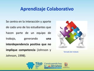Se centra en la interacción y aporte
de cada uno de los estudiantes que
hacen parte de un equipo de
trabajo, generando una
interdependencia positiva que no
implique competencia (Johnson y
Johnson, 1998).
Aprendizaje Colaborativo
Tomado del módulo
 