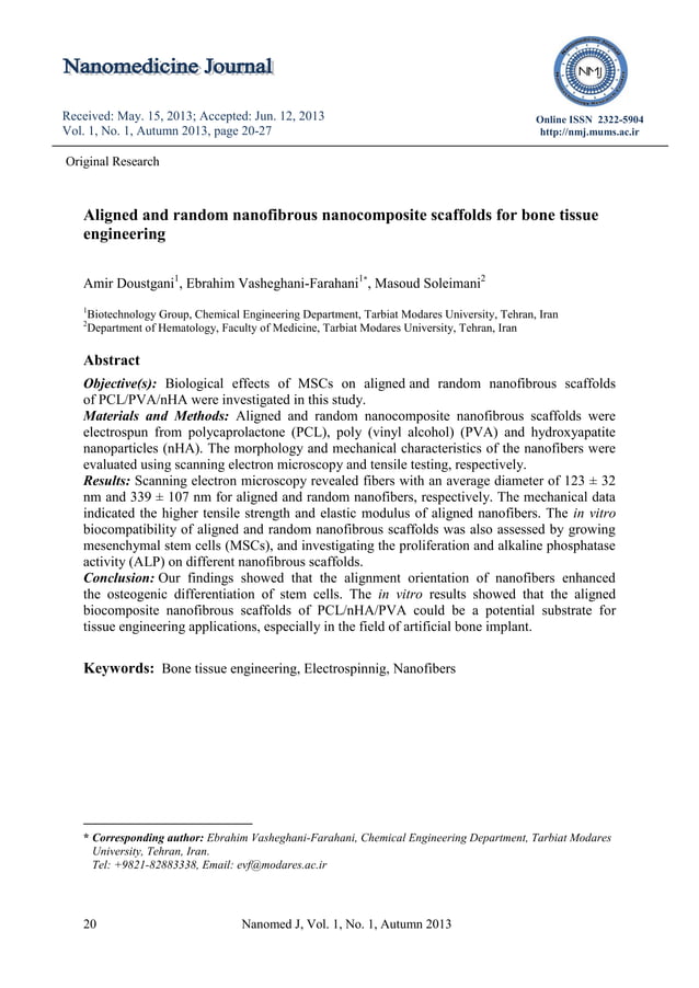 Aligned and random nanofibrous nanocomposite scaffolds for bone tissue ...
