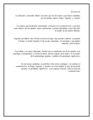 Introducción
La educación y desarrollo infantil son temas que van de la mano y que fueron estudiados
por tres grandes autores, Piaget, Vygotsky y Ausubel.
Los autores que previamente mencionados se basaron en el constructivismo y que tiene
como objetivo que los alumnos vayan construyendo su propio aprendizaje y que cada autor
lo estudio de una manera diferente.
Vygotsky que falleció hace 50 años su teoría aún sigue muy presente conforme va pasando
el tiempo, en donde Vygotsky le dio un giro inesperado a la psicología y que planteo
soluciones para un futuro.
Y por último y no menos importante Ausubel que es considerado uno de los grandes en la
psicología contemporánea y su tema de interés eran los orígenes de la mente y es el creador
de la epistemología genética y también del aprendizaje significativo.
En este ensayo académico se podrá leer sobre cómo se distingue y se contrasta el
constructivismo de Piaget, Vygotsky y Ausubel, así como también la zona del desarrollo
próximo, el aprendizaje significativo y por supuesto leeremos sobre la teoría del
constructivismo.
 