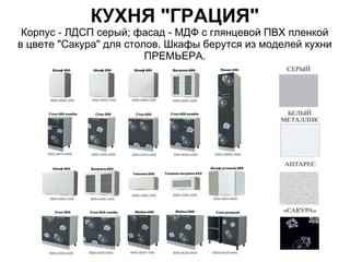 КУХНЯ "ГРАЦИЯ"
Корпус - ЛДСП серый; фасад - МДФ с глянцевой ПВХ пленкой
в цвете "Сакура" для столов. Шкафы берутся из моделей кухни
ПРЕМЬЕРА.
 