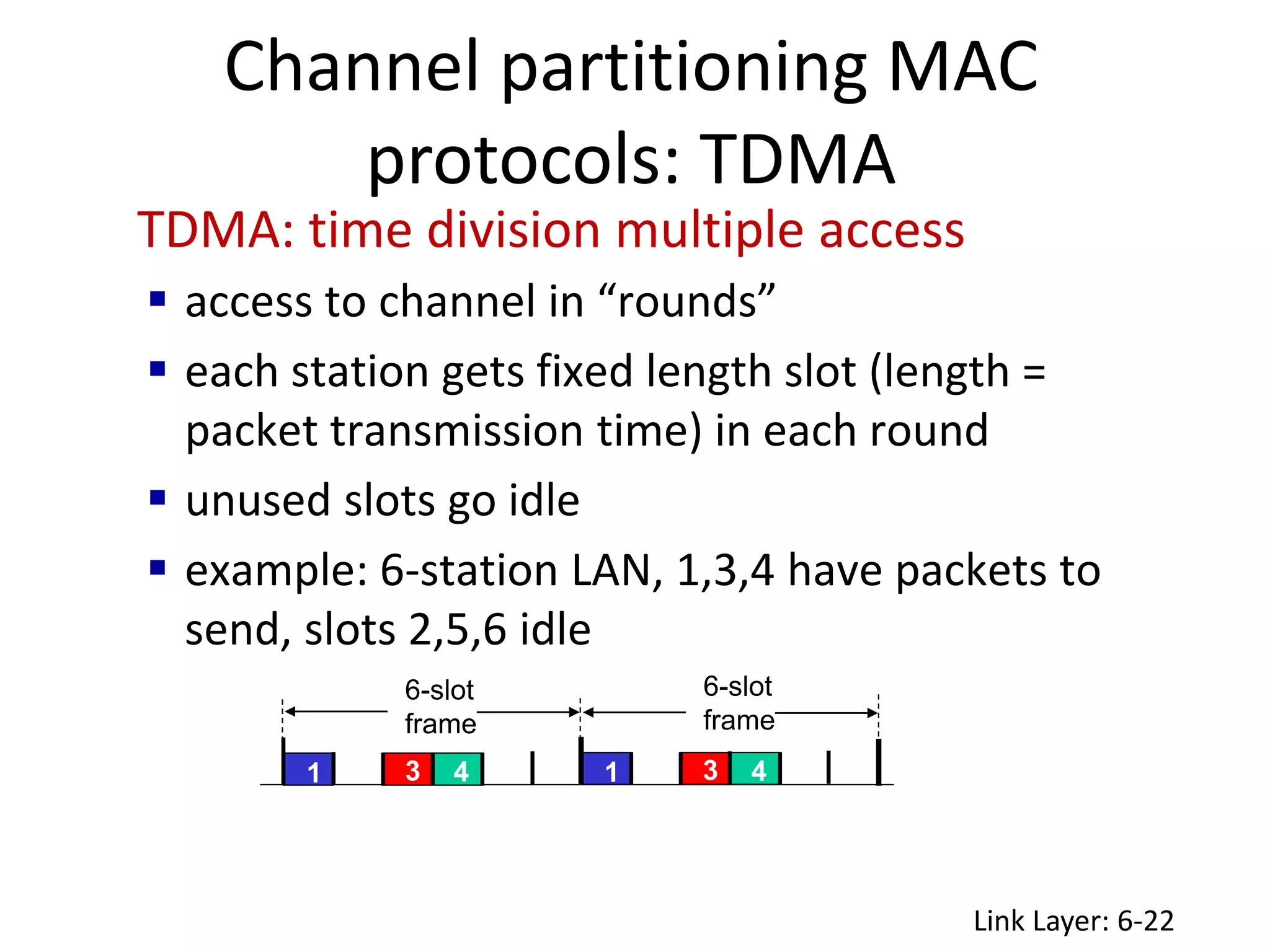 Channel partitioning MAC
protocols: TDMA
Link Layer: 6-22
TDMA: time division multiple access
 access to channel in “rounds”
 each station gets fixed length slot (length =
packet transmission time) in each round
 unused slots go idle
 example: 6-station LAN, 1,3,4 have packets to
send, slots 2,5,6 idle
1 3 4 1 3 4
6-slot
frame
6-slot
frame
 