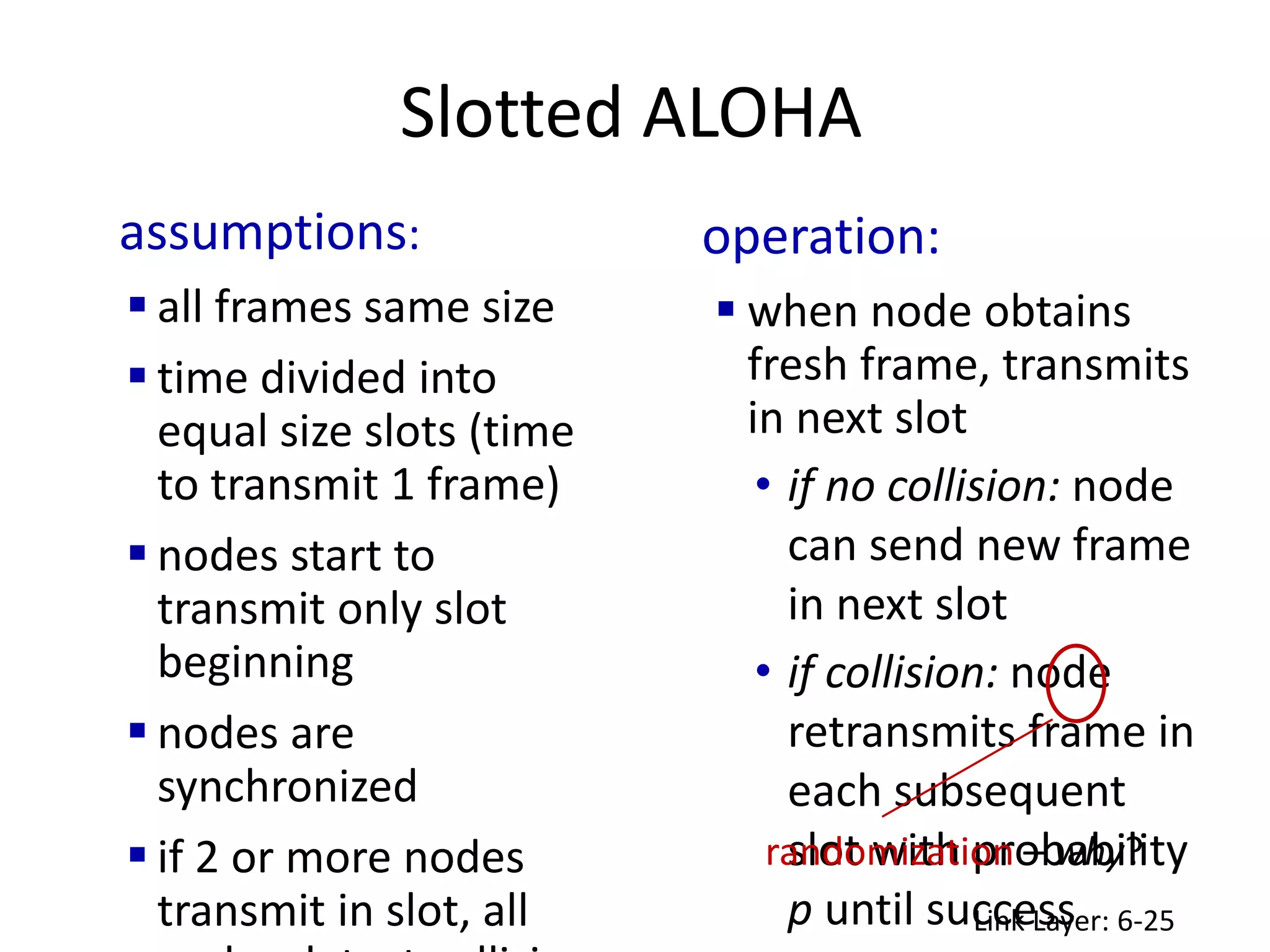 Slotted ALOHA
Link Layer: 6-25
assumptions:
 all frames same size
 time divided into
equal size slots (time
to transmit 1 frame)
 nodes start to
transmit only slot
beginning
 nodes are
synchronized
 if 2 or more nodes
transmit in slot, all
operation:
 when node obtains
fresh frame, transmits
in next slot
• if no collision: node
can send new frame
in next slot
• if collision: node
retransmits frame in
each subsequent
slot with probability
p until success
randomization – why?
 