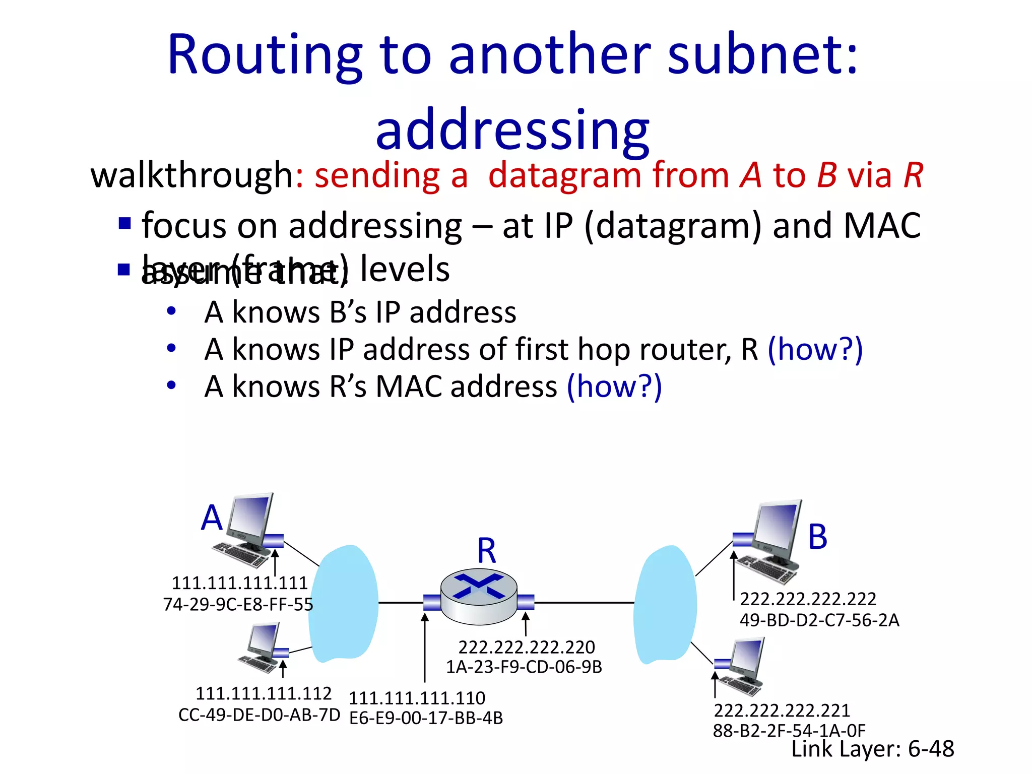 Routing to another subnet:
addressing
Link Layer: 6-48
walkthrough: sending a datagram from A to B via R
 focus on addressing – at IP (datagram) and MAC
layer (frame) levels
R
A B
1A-23-F9-CD-06-9B
222.222.222.220
111.111.111.110
E6-E9-00-17-BB-4B
CC-49-DE-D0-AB-7D
111.111.111.112
111.111.111.111
74-29-9C-E8-FF-55 222.222.222.222
49-BD-D2-C7-56-2A
222.222.222.221
88-B2-2F-54-1A-0F
 assume that:
• A knows B’s IP address
• A knows IP address of first hop router, R (how?)
• A knows R’s MAC address (how?)
 