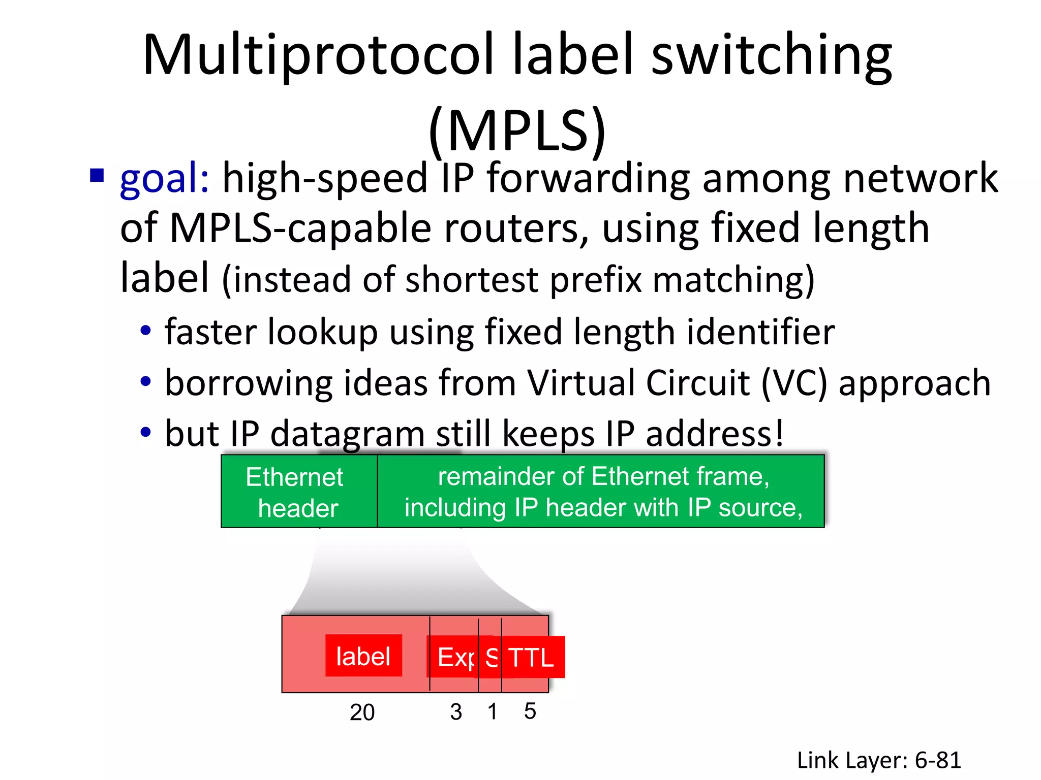 label ExpS TTL
20 3 1 5
Multiprotocol label switching
(MPLS)
Link Layer: 6-81
 goal: high-speed IP forwarding among network
of MPLS-capable routers, using fixed length
label (instead of shortest prefix matching)
• faster lookup using fixed length identifier
• borrowing ideas from Virtual Circuit (VC) approach
• but IP datagram still keeps IP address!
remainder of Ethernet frame,
including IP header with IP source,
destination addresses
MPLS header
Ethernet
header
remainder of Ethernet frame,
including IP header with IP source,
destination addresses
 