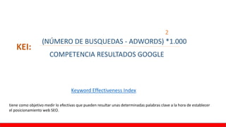 KEI:
(NÚMERO DE BUSQUEDAS - ADWORDS) *1.000
COMPETENCIA RESULTADOS GOOGLE
2
Keyword Effectiveness Index
tiene como objetivo medir lo efectivas que pueden resultar unas determinadas palabras clave a la hora de establecer
el posicionamiento web SEO.
 