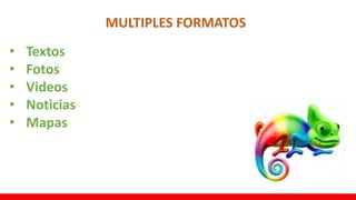 • Textos
• Fotos
• Videos
• Noticias
• Mapas
MULTIPLES FORMATOS
 