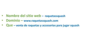 • Nombre del sitio web – raquetassquash
• Dominio – www.raquetassquash.com
• Que – venta de raquetas y accesorios para jugar squash
 