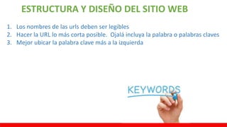 ESTRUCTURA Y DISEÑO DEL SITIO WEB
1. Los nombres de las urls deben ser legibles
2. Hacer la URL lo más corta posible. Ojalá incluya la palabra o palabras claves
3. Mejor ubicar la palabra clave más a la izquierda
 