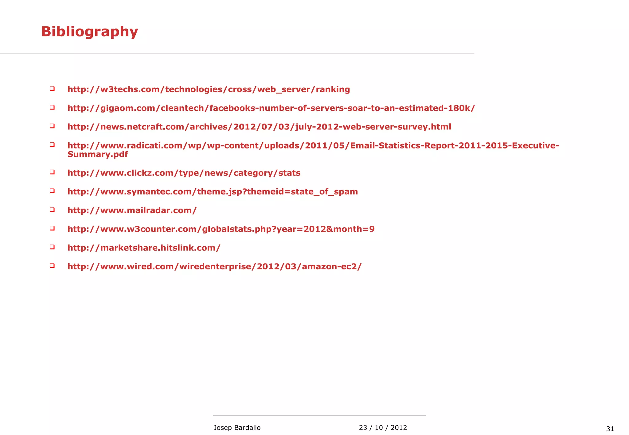 3123 / 10 / 2012Josep Bardallo
Bibliography
 http://w3techs.com/technologies/cross/web_server/ranking
 http://gigaom.com/cleantech/facebooks-number-of-servers-soar-to-an-estimated-180k/
 http://news.netcraft.com/archives/2012/07/03/july-2012-web-server-survey.html
 http://www.radicati.com/wp/wp-content/uploads/2011/05/Email-Statistics-Report-2011-2015-Executive-
Summary.pdf
 http://www.clickz.com/type/news/category/stats
 http://www.symantec.com/theme.jsp?themeid=state_of_spam
 http://www.mailradar.com/
 http://www.w3counter.com/globalstats.php?year=2012&month=9
 http://marketshare.hitslink.com/
 http://www.wired.com/wiredenterprise/2012/03/amazon-ec2/
 