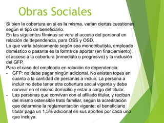 Obras Sociales
Si bien la cobertura en si es la misma, varian ciertas cuestiones
según el tipo de beneficiario.
En las siguientes filminas se vera el acceso del personal en
relación de dependencia, para OSS y OSD.
Lo que varía básicamente según sea monotributista, empleado
doméstico o pasante es la forma de aportar (en finaciemiento),
el acceso a la cobertura (inmediato o progresivo) y la inclusión
del GFP.
Para el caso del empleado en relación de dependencia:
- GFP: no debe pagar ningún adicional. No existen topes en
cuanto a la cantidad de personas a incluir. La persona a
incluir no debe tener otra cobertura social vigente y debe
convivir en el mismo domicilio y estar a cargo del titular.
- Las personas que convivan con el afiliado titular, y reciban
del mismo ostensible trato familiar, según la acreditación
que determine la reglamentación vigente: el beneficiario
titular paga un 1,5% adicional en sus aportes por cada uno
que incluya.
 