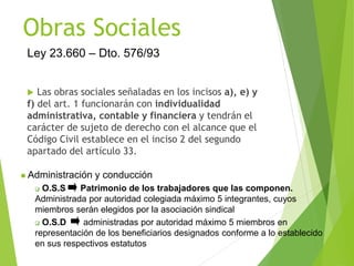 Obras Sociales
 Las obras sociales señaladas en los incisos a), e) y
f) del art. 1 funcionarán con individualidad
administrativa, contable y financiera y tendrán el
carácter de sujeto de derecho con el alcance que el
Código Civil establece en el inciso 2 del segundo
apartado del artículo 33.
 Administración y conducción
 O.S.S Patrimonio de los trabajadores que las componen.
Administrada por autoridad colegiada máximo 5 integrantes, cuyos
miembros serán elegidos por la asociación sindical
 O.S.D administradas por autoridad máximo 5 miembros en
representación de los beneficiarios designados conforme a lo establecido
en sus respectivos estatutos
Ley 23.660 – Dto. 576/93
 