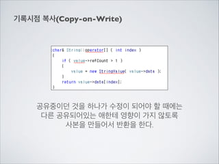 기록시점 복사(Copy-on-Write)
공유중이던 것을 하나가 수정이 되어야 할 때에는	

다른 공유되어있는 애한테 영향이 가지 않토록	

사본을 만들어서 반환을 한다.
 