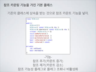참조 카운팅 기능을 가진 기본 클래스
기존의 클래스에 상속을 받는 것으로 참조 카운트 기능을 넣자.
-기능-	

참조 추가(카운트 증가)	

참조 제거(카운트 감소)	

참조 가능성 플래그로 플래그 조회나 비활성화
 