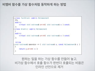 비멤버 함수를 가상 함수처럼 동작하게 하는 방법
원하는 일을 하는 가상 함수를 만들어 놓고,	

비가상 함수에서 호출 함수가 한번더 호출되는 비용은	

인라인 선언으로 제거
 
