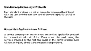 Standard Application-Layer Protocols
Each standard protocol is a pair of computer programs that interact
with the user and the transport layer to provide a speciﬁc service to
the user.
Nonstandard Application-Layer Protocols
A private company can create a new customized application protocol
to communicate with all of its ofﬁces around the world using the
services provided by the ﬁrst four layers of the TCP/IP protocol suite
without using any of the standard application programs.
 
