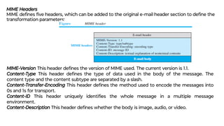 MIME Headers
MIME deﬁnes ﬁve headers, which can be added to the original e-mail header section to deﬁne the
transformation parameters:
MIME-Version This header deﬁnes the version of MIME used. The current version is 1.1.
Content-Type This header deﬁnes the type of data used in the body of the message. The
content type and the content subtype are separated by a slash.
Content-Transfer-Encoding This header deﬁnes the method used to encode the messages into
0s and 1s for transport.
Content-ID This header uniquely identiﬁes the whole message in a multiple message
environment.
Content-Description This header deﬁnes whether the body is image, audio, or video.
 