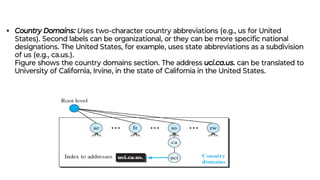 • Country Domains: Uses two-character country abbreviations (e.g., us for United
States). Second labels can be organizational, or they can be more speciﬁc national
designations. The United States, for example, uses state abbreviations as a subdivision
of us (e.g., ca.us.).
Figure shows the country domains section. The address uci.ca.us. can be translated to
University of California, Irvine, in the state of California in the United States.
 