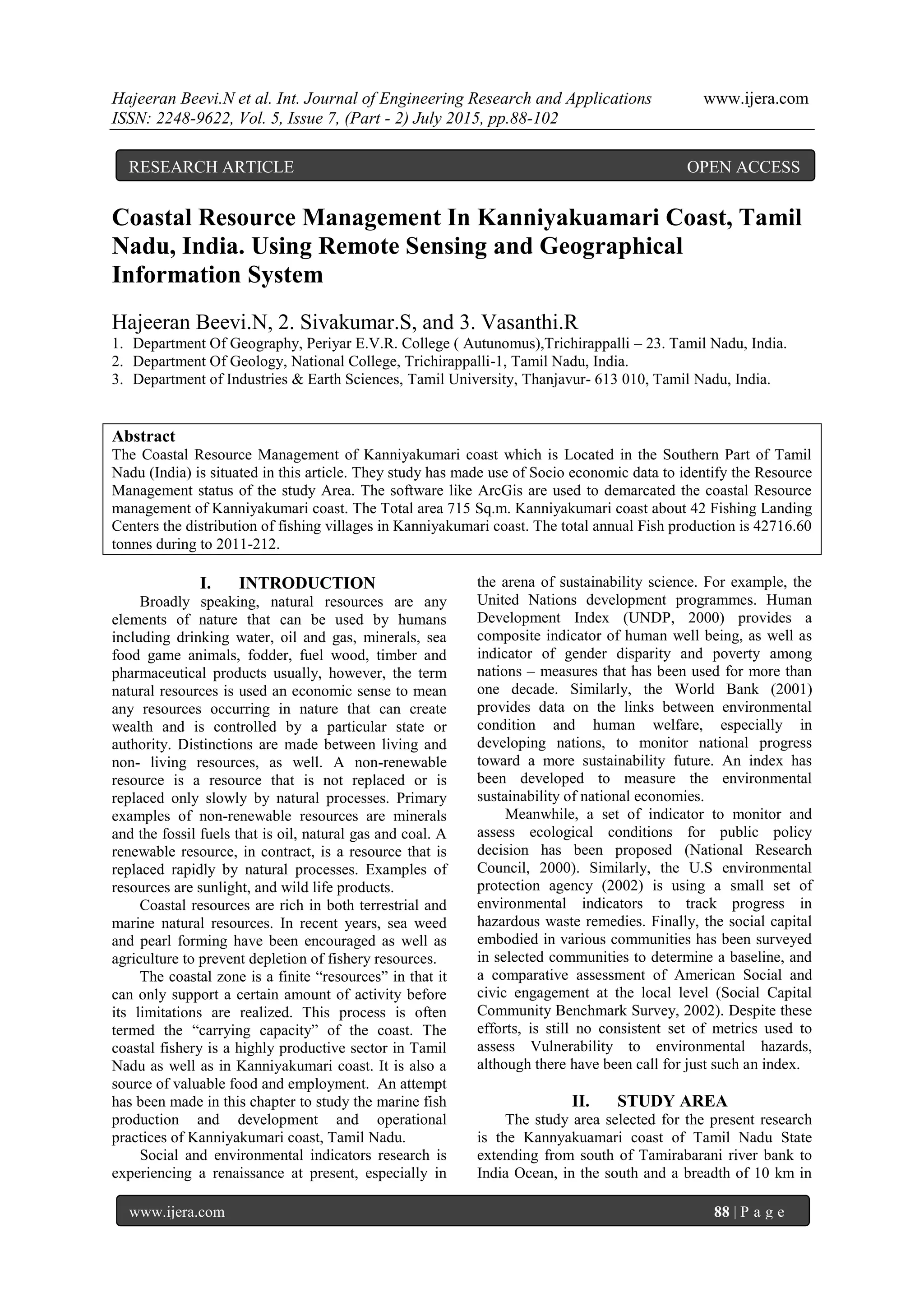 Coastal Resource Management In Kanniyakuamari Coast, Tamil Nadu, India ...