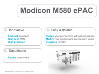 Modicon M580 ePAC
Innovative
Ethernet backbone
High-tech PAC
High precision

Easy & flexible
Design your architecture without constraints
Modify your process and architecture in run
Diagnose remotly

Sustainable
Secure investment

Schneider Electric - Industry business – Marketing Control

19

 