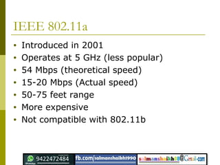 IEEE 802.11a
• Introduced in 2001
• Operates at 5 GHz (less popular)
• 54 Mbps (theoretical speed)
• 15-20 Mbps (Actual speed)
• 50-75 feet range
• More expensive
• Not compatible with 802.11b
 