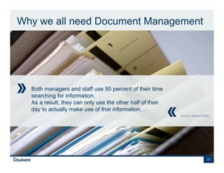 Why we all need Document Management




  Both managers and staff use 50 percent of their time
  searching for information.
  As a result, they can only use the other half of their
  day to actually make use of that information.
                                                           Source: Reuters Study




                                                                              22
 