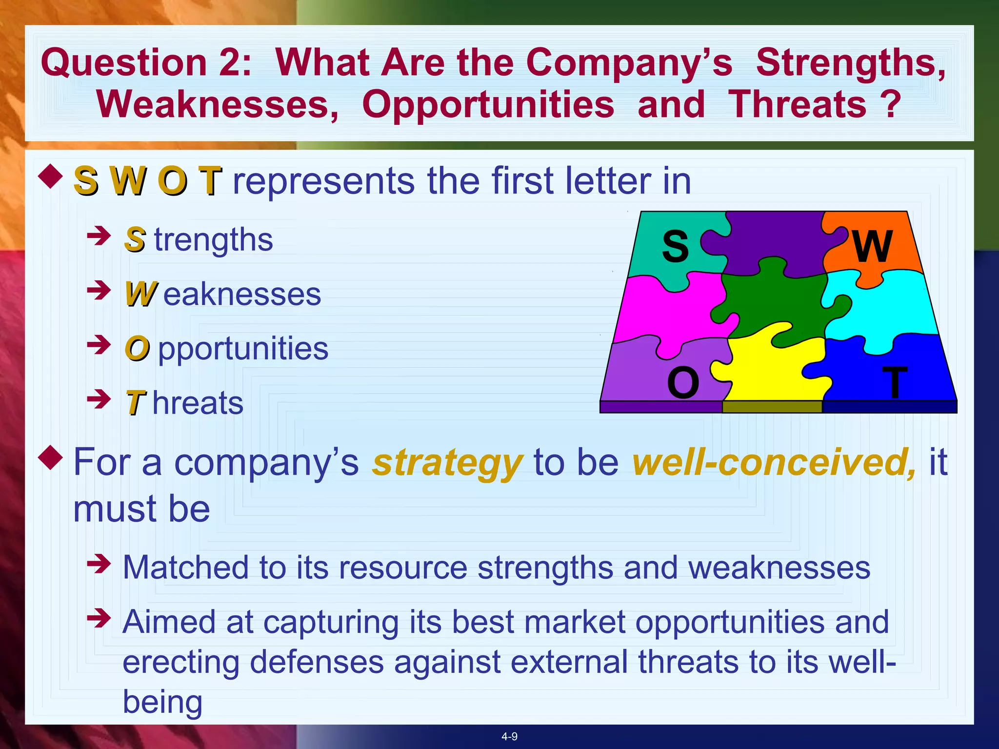 Question 2: What Are the Company’s Strengths,
  Weaknesses, Opportunities and Threats ?
 S W O T represents       the first letter in
     S trengths                            S            W
     W eaknesses
     O pportunities
     T hreats                              O              T
 For
    a company’s strategy to be well-conceived, it
 must be
     Matched to its resource strengths and weaknesses
     Aimed at capturing its best market opportunities and
      erecting defenses against external threats to its well-
      being
                                4-9
 