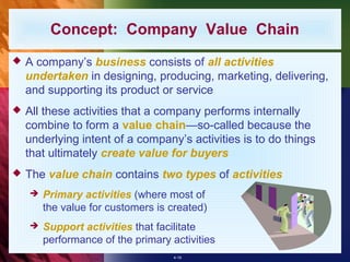 Concept: Company Value Chain
   A company’s business consists of all activities
    undertaken in designing, producing, marketing, delivering,
    and supporting its product or service
   All these activities that a company performs internally
    combine to form a value chain—so-called because the
    underlying intent of a company’s activities is to do things
    that ultimately create value for buyers
   The value chain contains two types of activities
       Primary activities (where most of
        the value for customers is created)
       Support activities that facilitate
        performance of the primary activities
                                    4-19
 