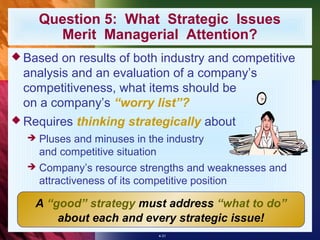 Question 5: What Strategic Issues
        Merit Managerial Attention?
 Based on results of both industry and competitive
 analysis and an evaluation of a company’s
 competitiveness, what items should be
 on a company’s “worry list”?
 Requires   thinking strategically about
     Pluses and minuses in the industry
      and competitive situation
     Company’s resource strengths and weaknesses and
      attractiveness of its competitive position

   A “good” strategy must address “what to do”
       about each and every strategic issue!
                              4-31
 