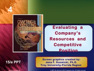 4

                            Evaluating a
                             Company’s
                             Chapter Title
                           Resources and
                            Competitive
                               Position
                      Screen graphics created by:
15/e PPT                Jana F. Kuzmicki, Ph.D.
                     Troy University-Florida Region

 McGraw-Hill/Irwin          © 2007 The McGraw-Hill Companies, Inc. All rights reserved.
 