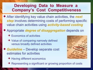 Developing Data to Measure a
       Company’s Cost Competitiveness
 Afteridentifying key value chain activities, the next
  step involves determining costs of performing specific
  value chain activities using activity-based costing
 Appropriate     degree of disaggregation depends on
      Economics of activities
      Value of comparing narrowly defined
       versus broadly defined activities
 Guideline  – Develop separate cost
  estimates for activities
      Having different economics
      Representing a significant or growing proportion of costs
                                    4-22
 