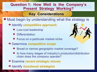Question 1: How Well Is the Company’s
           Present Strategy Working?
              Key Considerations
 Must begin by understanding what the strategy is
     Identify competitive approach
         Low-cost leadership
         Differentiation
         Focus on a particular market niche
     Determine competitive scope
         Broad or narrow geographic market coverage?
         In how many stages of industry’s production/distribution
          chain does the company operate?
     Examine recent strategic moves
     Identify functional strategies
                                  4-4
 