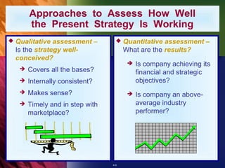 Approaches to Assess How Well
         the Present Strategy Is Working
   Qualitative assessment –            Quantitative assessment –
    Is the strategy well-                What are the results?
    conceived?
                                             Is company achieving its
        Covers all the bases?                financial and strategic
        Internally consistent?               objectives?
        Makes sense?                        Is company an above-
        Timely and in step with              average industry
         marketplace?                         performer?




                                   4-5
 