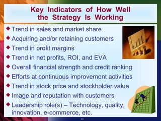 Key Indicators of How Well
             the Strategy Is Working
 Trend     in sales and market share
 Acquiring    and/or retaining customers
 Trend     in profit margins
 Trend     in net profits, ROI, and EVA
 Overall    financial strength and credit ranking
 Efforts   at continuous improvement activities
 Trend     in stock price and stockholder value
 Image     and reputation with customers
 Leadership  role(s) – Technology, quality,
  innovation, e-commerce, etc.
                                4-6
 