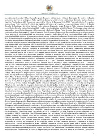 31
Municípios. Administração Pública. Disposições gerais. Servidores públicos civis e militares. Organização dos poderes no Estado.
Mecanismos de freios e contrapesos. Poder Legislativo. Estrutura, funcionamento e atribuições. Comissões parlamentares de
inquérito. Fiscalização contábil, financeira e orçamentária. Tribunal de Contas da União (TCU). Processo legislativo. Prerrogativas
parlamentares. Poder Executivo. Presidente da República. Atribuições, prerrogativas e responsabilidades. Ministros de Estado.
Conselho da República e de Defesa Nacional. Poder Judiciário. Disposições gerais. Órgãos do Poder Judiciário. Organização e
competências. Conselho Nacional de Justiça (CNJ). Funções essenciais à Justiça. Ministério Público. Princípios, garantias, vedações,
organização e competências. Advocacia Pública. Advocacia e Defensoria Pública. Forças Armadas: Segurança Pública. Controle da
constitucionalidade. Sistemas gerais e sistema brasileiro. Controle incidental ou concreto. Controle abstrato de constitucionalidade.
Exame abstrato da constitucionalidade de proposições legislativas. Ação declaratória de constitucionalidade. Ação direta de
inconstitucionalidade. Arguição de descumprimento de preceito fundamental. Ação direta de inconstitucionalidade por omissão.
Ação direta de inconstitucionalidade interventiva. Controle concreto e abstrato de constitucionalidade do direito estadual. Súmula
vinculante; repercussão geral. Defesa do Estado e das instituições democráticas: Estado de Sitio e Estado de Defesa. Ordem Econômica
e Financeira: princípios gerais da atividade econômica. Finanças Públicas: normas gerais; dos orçamentos. Ordem social: disposição
geral; da seguridade social e da saúde. DIREITO ADMINISTRATIVO: Administração pública: princípios básicos. Poderes administrativos:
poder hierárquico, poder disciplinar, poder regulamentar, poder de polícia, uso e abuso do poder. Ato administrativo: conceito,
requisitos e atributos; anulação, revogação e convalidação; discricionariedade e vinculação. Organização administrativa:
administração direta e indireta; centralizada e descentralizada; autarquias, fundações, empresas públicas, sociedades de economia
mista. Consórcios públicos (Lei nº 11.107/2005). Órgãos públicos: conceito, natureza e classificação. Servidores Públicos: cargo,
emprego e função públicos; concurso público; nepotismo; contratação temporária. Bens Públicos. Controle e responsabilização da
administração: controle administrativo; controle judicial; controle legislativo; controle pelos Tribunais de Contas. Responsabilidade
civil do Estado. Intervenção do Estado na propriedade: modalidades. Improbidade Administrativa. Lei Anticorrupção (Lei nº
12.846/2013). Licitação e Contratos. Leis nºs 10.520/2002 e 14.133/2021. Contratos administrativos: conceito, peculiaridades e
interpretação. Formalização, execução, inexecução, revisão e rescisão. Estatuto da Pessoa com Deficiência (Lei nº 13.146/2015).
DIREITO CIVIL: Lei de introdução às normas do direito brasileiro. Vigência, aplicação, interpretação e integração das leis. Conflito das
leis no tempo. Eficácia da lei no espaço. Pessoas naturais. Existência. Personalidade. Capacidade. Nome. Estado. Domicílio. Direitos
da personalidade. Ausência. Pessoas jurídicas. Constituição. Extinção. Domicílio. Sociedades de fato, grupos despersonalizados,
associações. Sociedades, fundações. Desconsideração da personalidade jurídica. Responsabilidade. Bens. Diferentes classes. Ato
jurídico. Fato e ato jurídico. Negócio jurídico. Disposições gerais. Classificação, interpretação. Elementos. Representação, condição.
Termo. Encargo. Defeitos do negócio jurídico. Validade, invalidade e nulidade do negócio jurídico. Simulação. Atos jurídicos. Lícitos e
ilícitos. Abuso do direito. Prescrição e decadência. Prova. Obrigações. Características. Obrigações de dar. Obrigações de fazer e de
não fazer. Obrigações alternativas. Obrigações divisíveis e indivisíveis. Obrigações solidárias. Obrigações civis e naturais, obrigações
de meio, de resultado e de garantia. Obrigações de execução instantânea, diferida e continuada. Obrigações puras e simples,
condicionais, a termo e modais. Obrigações líquidas e ilíquidas. Obrigações principais e acessórias. Transmissão das obrigações.
Adimplemento e extinção das obrigações. Inadimplemento das obrigações. Contratos. Contratos em geral. Disposições gerais.
Extinção. Espécies de contratos regulados no Código Civil. Atos unilaterais. Títulos de crédito. Disposições gerais. Títulos ao portador,
à ordem e nominativos. Responsabilidade civil. Preferências e privilégios creditórios. Empresário. Direito de empresa.
Estabelecimento. Posse. Usucapião. Direitos reais. Propriedade. Superfície. Servidões. Usufruto. Uso. Habitação. Direito do
promitente comprador. Direito de laje. Direitos reais de garantia. Direito de família. Casamento. Relações de parentesco. Regime de
bens entre os cônjuges. Usufruto e administração dos bens de filhos menores. Alimentos. Bem de família. União estável. Concubinato.
Tutela. Curatela. Tomada de decisão apoiada. Direito das sucessões. Sucessão em geral. Sucessão legítima. Sucessão testamentária.
Inventário e partilha. Lei nº 8.078/1990 e alterações (Direito das relações de consumo). Consumidor. Fornecedor, produto e serviço.
Direitos básicos do consumidor. Qualidade de produtos e serviços, prevenção e reparação dos danos. Práticas comerciais. Proteção
contratual, prevenção e tratamento do superendividamento. Lei nº 10.741/2003 (Estatuto do Idoso). Lei nº 8.069/1990 (Estatuto da
Criança e do Adolescente). Disposições preliminares, direitos fundamentais, prevenção, direito à convivência familiar e comunitária:
procedimentos, medidas de proteção, perda e suspensão do poder familiar, guarda, tutela, adoção, colocação em família substituta,
autorização para viagem. Inquilinato (Lei nº 8.245/1991). Locação: disposições gerais e especiais. Procedimentos: disposições gerais
e ação de despejo. Estatuto da Pessoa com Deficiência (Lei nº 13.146/2015). Lei Geral de Proteção de Dados Pessoais (Lei nº
13.709/2018). DIREITO PROCESSUAL CIVIL: Código de Processo Civil - Lei Federal n° 13.105/2015 e alterações e legislações especiais.
Princípios gerais do processo civil. Fontes. Lei processual civil. Eficácia. Aplicação. Interpretação. Direito Processual Intertemporal.
Critérios. Jurisdição. Conceito. Característica. Natureza jurídica. Princípios. Limites. Competência. Critérios determinadores.
Competência originária dos Tribunais Superiores. Competência absoluta e relativa. Modificações. Meios de declaração de
incompetência. Conflitos de competência e de atribuições. Direito de ação. Elementos. Condições. Classificação e critérios
identificadores. Concurso e cumulação de ações. Conexão e continência. Processo: Noções gerais. Relação Jurídica Processual.
Pressupostos Processuais. Processo e procedimento. Espécies de processos e de procedimentos. Objeto do processo. Mérito. Questão
principal, questões preliminares e prejudiciais. Sujeitos Processuais. Juiz. Mediadores e Conciliadores. Princípios. Poderes. Deveres.
Responsabilidades. Impedimentos e Suspeição. Organização judiciária federal e estadual. Partes e Procuradores. Capacidade e
 