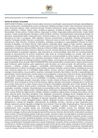 33
direito processual penal. Lei nº 13.964/2019 (Pacote Anticrime).
OFICIAL DE JUSTIÇA E AVALIADOR
DIREITO CONSTITUCIONAL: Constituição. Conceito, objeto, elementos e classificações. Supremacia da Constituição. Aplicabilidade das
normas constitucionais. Interpretação das normas constitucionais. Métodos, princípios e limites. Poder Constituinte. Características.
Poder constituinte originário. Poder constituinte derivado. Princípios fundamentais. Direitos e garantias fundamentais. Direitos e
deveres individuais e coletivos. Habeas corpus, mandado de segurança, mandado de injunção e habeas data. Direitos sociais.
Nacionalidade. Direitos políticos. Partidos políticos. Organização do Estado. Organização político-administrativa. Estado federal
brasileiro. A União. Estados federados. Municípios. O Distrito Federal. Territórios. Intervenção federal. Intervenção dos Estados nos
Municípios. Administração Pública. Disposições gerais. Servidores públicos civis e militares. Organização dos poderes no Estado.
Mecanismos de freios e contrapesos. Poder Legislativo. Estrutura, funcionamento e atribuições. Comissões parlamentares de
inquérito. Fiscalização contábil, financeira e orçamentária. Tribunal de Contas da União (TCU). Processo legislativo. Prerrogativas
parlamentares. Poder Executivo. Presidente da República. Atribuições, prerrogativas e responsabilidades. Ministros de Estado.
Conselho da República e de Defesa Nacional. Poder Judiciário. Disposições gerais. Órgãos do Poder Judiciário. Organização e
competências. Conselho Nacional de Justiça (CNJ). Funções essenciais à Justiça. Ministério Público. Princípios, garantias, vedações,
organização e competências. Advocacia Pública. Advocacia e Defensoria Pública. Segurança Pública. Controle da constitucionalidade.
Sistemas gerais e sistema brasileiro. Controle incidental ou concreto. Controle abstrato de constitucionalidade. Exame abstrato da
constitucionalidade de proposições legislativas. Ação declaratória de constitucionalidade. Ação direta de inconstitucionalidade.
Arguição de descumprimento de preceito fundamental. Ação direta de inconstitucionalidade por omissão. Ação direta de
inconstitucionalidade interventiva. Controle concreto e abstrato de constitucionalidade do direito estadual. Súmula vinculante;
repercussão geral. Defesa do Estado e das instituições democráticas: Estado de Sitio e Estado de Defesa. Ordem Econômica e
Financeira: princípios gerais da atividade econômica. Finanças Públicas: normas gerais; dos orçamentos. Ordem social: disposição
geral; da seguridade social e da saúde. DIREITO ADMINISTRATIVO: Administração pública: princípios básicos. Poderes administrativos:
poder hierárquico, poder disciplinar, poder regulamentar, poder de polícia, uso e abuso do poder. Ato administrativo: conceito,
requisitos e atributos; anulação, revogação e convalidação; discricionariedade e vinculação. Organização administrativa:
administração direta e indireta; centralizada e descentralizada; autarquias, fundações, empresas públicas, sociedades de economia
mista. Consórcios públicos (Lei nº 11.107/2005). Órgãos públicos: conceito, natureza e classificação. Servidores Públicos: cargo,
emprego e função públicos; concurso público; nepotismo; contratação temporária. Bens Públicos. Controle e responsabilização da
administração: controle administrativo; controle judicial; controle legislativo; controle pelos Tribunais de Contas. Responsabilidade
civil do Estado. Intervenção do Estado na propriedade: modalidades. Improbidade Administrativa. Lei Anticorrupção (Lei nº
12.846/2013). Licitação e Contratos. Leis nºs 10.520/2002 e 14.133/2021. Contratos administrativos: conceito, peculiaridades e
interpretação. Formalização, execução, inexecução, revisão e rescisão. Estatuto da Pessoa com Deficiência (Lei nº 13.146/2015).
DIREITO CIVIL: Lei de introdução às normas do direito brasileiro. Vigência, aplicação, interpretação e integração das leis. Conflito das
leis no tempo. Eficácia da lei no espaço. Pessoas naturais. Existência. Personalidade. Capacidade. Nome. Estado. Domicílio. Direitos
da personalidade. Ausência. Pessoas jurídicas. Constituição. Extinção. Domicílio. Sociedades de fato, grupos despersonalizados,
associações. Sociedades, fundações. Desconsideração da personalidade jurídica. Responsabilidade. Bens. Diferentes classes. Ato
jurídico. Fato e ato jurídico. Negócio jurídico. Disposições gerais. Classificação, interpretação. Elementos. Representação, condição.
Termo. Encargo. Defeitos do negócio jurídico. Validade, invalidade e nulidade do negócio jurídico. Simulação. Atos jurídicos. Lícitos e
ilícitos. Abuso do direito. Prescrição e decadência. Prova. Obrigações. Características. Obrigações de dar. Obrigações de fazer e de
não fazer. Obrigações alternativas. Obrigações divisíveis e indivisíveis. Obrigações solidárias. Obrigações civis e naturais, obrigações
de meio, de resultado e de garantia. Obrigações de execução instantânea, diferida e continuada. Obrigações puras e simples,
condicionais, a termo e modais. Obrigações líquidas e ilíquidas. Obrigações principais e acessórias. Transmissão das obrigações.
Adimplemento e extinção das obrigações. Inadimplemento das obrigações. Contratos. Contratos em geral. Disposições gerais.
Extinção. Espécies de contratos regulados no Código Civil. Atos unilaterais. Títulos de crédito. Disposições gerais. Títulos ao portador,
à ordem e nominativos. Responsabilidade civil. Preferências e privilégios creditórios. Empresário. Direito de empresa.
Estabelecimento. Posse. Usucapião. Direitos reais. Propriedade. Superfície. Servidões. Usufruto. Uso. Habitação. Direito do
promitente comprador. Direito de laje. Direitos reais de garantia. Direito de família. Casamento. Relações de parentesco. Regime de
bens entre os cônjuges. Usufruto e administração dos bens de filhos menores. Alimentos. Bem de família. União estável. Concubinato.
Tutela. Curatela. Tomada de decisão apoiada. Direito das sucessões. Sucessão em geral. Sucessão legítima. Sucessão testamentária.
Inventário e partilha. Lei nº 8.078/1990 e alterações (Direito das relações de consumo). Consumidor. Fornecedor, produto e serviço.
Direitos básicos do consumidor. Qualidade de produtos e serviços, prevenção e reparação dos danos. Práticas comerciais. Proteção
contratual, prevenção e tratamento do superendividamento. Lei nº 10.741/2003 (Estatuto do Idoso). Lei nº 8.069/1990 (Estatuto da
Criança e do Adolescente). Disposições preliminares, direitos fundamentais, prevenção, direito à convivência familiar e comunitária:
procedimentos, medidas de proteção, perda e suspensão do poder familiar, guarda, tutela, adoção, colocação em família substituta,
autorização para viagem. Inquilinato (Lei nº 8.245/1991). Locação: disposições gerais e especiais. Procedimentos: disposições gerais
e ação de despejo. Estatuto da Pessoa com Deficiência (Lei nº 13.146/2015). Lei Geral de Proteção de Dados Pessoais (Lei nº
 