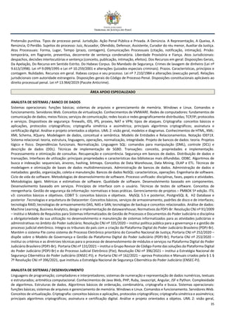 35
Pretensão punitiva. Tipos de processo penal. Jurisdição. Ação Penal Pública e Privada. A Denúncia. A Representação, A Queixa, A
Renúncia, O Perdão. Sujeitos do processo: Juiz, Acusador, Ofendido, Defensor, Assistente, Curador do réu menor, Auxiliar da Justiça.
Atos Processuais: Forma, Lugar, Tempo (prazo, contagem), Comunicações Processuais (citação, notificação, intimação). Prisão:
temporária, em flagrante, preventiva, decorrente de sentença condenatória. Liberdade Provisória e Fiança. Atos Jurisdicionais:
despachos, decisões interlocutórias e sentença (conceito, publicação, intimação, efeitos). Dos Recursos em geral: Disposições Gerais,
Da Apelação, Do Recurso em Sentido Estrito. Do Habeas Corpus. Do Mandado de Segurança. Crimes de lavagem de dinheiro (Lei nº
9.613/1998). Lei nº 9.099/1995 e Lei nº 10.259/2001 e alterações (juizados especiais criminais). Prazos. Características, princípios e
contagem. Nulidades. Recursos em geral. Habeas corpus e seu processo. Lei nº 7.210/1984 e alterações (execução penal). Relações
jurisdicionais com autoridade estrangeira. Disposições gerais do Código de Processo Penal. Disposições constitucionais aplicáveis ao
direito processual penal. Lei nº 13.964/2019 (Pacote Anticrime).
ÁREA APOIO ESPECIALIZADO
ANALISTA DE SISTEMAS / BANCO DE DADOS
Sistemas operacionais: funções básicas; sistemas de arquivos e gerenciamento de memória. Windows e Linux. Comandos e
funcionamento. Servidores Web. Conceitos de virtualização. Conhecimentos de VMWARE. Redes de computadores: fundamentos de
comunicação de dados; meios físicos; serviços de comunicação; redes locais e redes geograficamente distribuídas; TCP/IP; protocolos
e serviços. Dispositivos de segurança: firewalls, IDS, IPS, proxies, NAT e VPN; tipos de ataques. Criptografia: conceitos básicos e
aplicações, protocolos criptográficos; criptografia simétrica e assimétrica; principais algoritmos criptográficos; assinatura e
certificação digital. Análise e projeto orientados a objetos. UML 2: visão geral, modelos e diagramas. Conhecimentos de HTML, XML:
XML Schema, XQuery. Modelagem de dados, conceitual e semântica. Modelo de Entidades e Relacionamentos. Notação IDEF1X.
Sistema relacional: teoria, estrutura, linguagens, operações, normalização, integridade. Projeto de bancos de dados: teoria. Projetos
lógico e físico. Dependências funcionais. Normalização. Linguagem SQL: comandos para manipulação (DML), controle (DCL) e
descrição de dados (DDL). Técnicas de implementação de SGBD. Transações: conceito, propriedades e implementação.
Processamento e otimização de consultas. Recuperação e concorrência. Segurança em bancos de dados. Distribuição de dados e
transações. Interfaces de utilização: principais propriedades e características das bibliotecas mais difundidas. ODBC. Algoritmos de
busca e indexação: sequenciais, árvores, hashing, bitmaps. Conceitos de Data Warehouse, Data Mining, OLAP e ETL. Técnicas de
modelagem e otimização de bases de dados multidimensionais. Administração de bancos de dados. Administração de dados e
metadados: gestão, organização, coleta e manutenção. Bancos de dados NoSQL: características, operações. Engenharia de software.
Ciclo de vida do software. Metodologias de desenvolvimento de software. Processo unificado: disciplinas, fases, papeis e atividades.
Metodologias ágeis. Métricas e estimativas de software. Qualidade de software. Desenvolvimento baseado em componentes.
Desenvolvimento baseado em serviços. Princípios de interface com o usuário. Técnicas de testes de software. Conceitos de
reengenharia. Gestão de segurança da informação: normativas e boas práticas. Gerenciamento de projetos – PMBOK 5ª edição. ITIL
v3: conceitos básicos e objetivos. COBIT 5: conceitos básicos e objetivos. MySQL 5.5 e posterior, PostgreSQL 8, H2 Database e
posterior .Tecnologias e arquitetura de Datacenter: Conceitos básicos, serviços de armazenamento, padrões de disco e de interfaces;
tecnologia RAID; tecnologias de armazenamento DAS, NAS e SAN; tecnologias de backup e conceitos relacionados. Análise de dados:
Machine Learning, Business Analytics, design e implementação de datawarehouse; Normativos da PDPJ-Br: Resolução CNJ nº 91/2009
– institui o Modelo de Requisitos para Sistemas Informatizados de Gestão de Processos e Documentos do Poder Judiciário e disciplina
a obrigatoriedade da sua utilização no desenvolvimento e manutenção de sistemas informatizados para as atividades judiciárias e
administrativas no âmbito do Poder Judiciário; Resolução CNJ nº 335/2020 – institui política pública para a governança e a gestão de
processo judicial eletrônico. Integra os tribunais do país com a criação da Plataforma Digital do Poder Judiciário Brasileiro (PDPJ-Br).
Mantém o sistema PJe como sistema de Processo Eletrônico prioritário do Conselho Nacional de Justiça; Portaria CNJ nº 252/2020 –
dispõe sobre o Modelo de Governança e Gestão da Plataforma Digital do Poder Judiciário (PDPJ-Br); Portaria CNJ nº 253/2020 –
institui os critérios e as diretrizes técnicas para o processo de desenvolvimento de módulos e serviços na Plataforma Digital do Poder
Judiciário Brasileiro (PDPJ-Br); Portaria CNJ nº 131/2021 – institui o Grupo Revisor de Código-Fonte das soluções da Plataforma Digital
do Poder Judiciário (PDPJ-Br) e do Processo Judicial Eletrônico (PJe); Resolução CNJ nº 396/2021 – institui a Estratégia Nacional de
Segurança Cibernética do Poder Judiciário (ENSEC-PJ); e Portaria CNJ nº 162/2021 – aprova Protocolos e Manuais criados pela § 1 §
7º Resolução CNJ nº 396/2021, que instituiu a Estratégia Nacional de Segurança Cibernética do Poder Judiciário (ENSEC-PJ).
ANALISTA DE SISTEMAS / DESENVOLVIMENTO
Linguagens de programação; compiladores e interpretadores; sistemas de numeração e representação de dados numéricos, textuais
e estruturados; aritmética computacional. Conhecimentos de Java Web, PHP, Ruby, Javascript, Angular, JSF e Python. Complexidade
de algoritmos. Estruturas de dados. Algoritmos básicos de ordenação, combinatória, criptografia e busca. Sistemas operacionais:
funções básicas; sistemas de arquivos e gerenciamento de memória. Windows e Linux. Comandos e funcionamento. Servidores Web.
Conceitos de virtualização. Criptografia: conceitos básicos e aplicações, protocolos criptográficos; criptografia simétrica e assimétrica;
principais algoritmos criptográficos; assinatura e certificação digital. Análise e projeto orientados a objetos. UML 2: visão geral,
 