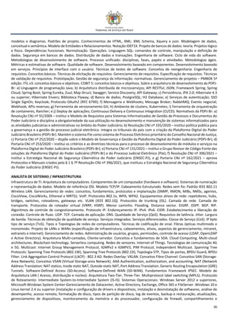 36
modelos e diagramas. Padrões de projeto. Conhecimentos de HTML, XML: XML Schema, Xquery e json. Modelagem de dados,
conceitual e semântica. Modelo de Entidades e Relacionamentos. Notação IDEF1X. Projeto de bancos de dados: teoria. Projetos lógico
e físico. Dependências funcionais. Normalização. Operações. Linguagem SQL: comandos de controle, manipulação e definição de
dados. Segurança em bancos de dados. Distribuição de dados e transações. Engenharia de software. Ciclo de vida do software.
Metodologias de desenvolvimento de software. Processo unificado: disciplinas, fases, papéis e atividades. Metodologias ágeis.
Métricas e estimativas de software. Qualidade de software. Desenvolvimento baseado em componentes. Desenvolvimento baseado
em serviços. Princípios de interface com o usuário. Técnicas de testes de software. Conceitos de reengenharia. Engenharia de
requisitos. Conceitos básicos. Técnicas de elicitação de requisitos. Gerenciamento de requisitos. Especificação de requisitos. Técnicas
de validação de requisitos. Prototipação. Gestão de segurança da informação: normativas. Gerenciamento de projetos – PMBOK 5ª
edição. ITIL v3: conceitos básicos e objetivos. COBIT 5: conceitos básicos e objetivos. Sobre a arquitetura de desenvolvimento da PDPJ-
Br: a) Linguagem de programação Java; b) Arquitetura distribuída de microsserviços; API RESTful; JSON; Framework Spring; Spring
Cloud; Spring Boot; Spring Eureka, Zuul; Map Struct; Swagger; Service Discovery; API Gateway; c) Persistência; JPA 2.0; Hibernate 4.3
ou superior; Hibernate Envers; Biblioteca Flyway; d) Banco de dados; PostgreSQL; H2 Database; e) Serviços de autenticação; SSO
Single SignOn; Keycloak; Protocolo OAuth2 (RFC 6749); f) Mensageria e Webhooks; Message Broker; RabbitMQ; Evento negocial;
Webhook; APIs reversas; g) Ferramenta de versionamento Git; h) Ambiente de clusters, Kubernetes; i) Ferramenta de orquestração
de containeres, Rancher; e j) Deploy de aplicações; Continuous Delivery e Continuous Integration (CI/CD). Normativos da PDPJ-Br: a)
Resolução CNJ nº 91/2009 – institui o Modelo de Requisitos para Sistemas Informatizados de Gestão de Processos e Documentos do
Poder Judiciário e disciplina a obrigatoriedade da sua utilização no desenvolvimento e manutenção de sistemas informatizados para
as atividades judiciárias e administrativas no âmbito do Poder Judiciário; b) Resolução CNJ nº 335/2020 – institui política pública para
a governança e a gestão de processo judicial eletrônico. Integra os tribunais do país com a criação da Plataforma Digital do Poder
Judiciário Brasileiro (PDPJ-Br). Mantém o sistema PJe como sistema de Processo Eletrônico prioritário do Conselho Nacional de Justiça;
c) Portaria CNJ nº 252/2020 – dispõe sobre o Modelo de Governança e Gestão da Plataforma Digital do Poder Judiciário (PDPJ-Br); d)
Portaria CNJ nº 253/2020 – institui os critérios e as diretrizes técnicas para o processo de desenvolvimento de módulos e serviços na
Plataforma Digital do Poder Judiciário Brasileiro (PDPJ-Br); e) Portaria CNJ nº 131/2021 – institui o Grupo Revisor de Código-Fonte das
soluções da Plataforma Digital do Poder Judiciário (PDPJ-Br) e do Processo Judicial Eletrônico (PJe); f) Resolução CNJ nº 396/2021 –
institui a Estratégia Nacional de Segurança Cibernética do Poder Judiciário (ENSEC-PJ); e g) Portaria CNJ nº 162/2021 – aprova
Protocolos e Manuais criados pela § 1 § 7º Resolução CNJ nº 396/2021, que instituiu a Estratégia Nacional de Segurança Cibernética
do Poder Judiciário (ENSEC-PJ).
ANALISTA DE SISTEMAS / INFRAESTRUTURA
Infraestrutura de TI: Arquitetura de computadores. Componentes de um computador (hardware e software). Sistemas de numeração
e representação de dados. Modelo de referência OSI. Modelo TCP/IP. Cabeamento Estruturado. Redes sem fio: Padrão IEEE 802.11
Wireless LAN. Gerenciamento de redes: conceitos, fundamentos, protocolos e implantação (SNMP, RMON, MIBs, NMSs, agentes,
CiscoView, CiscoWorks, Ethereal e MRTG). VoIP. Protocolos 802.1x, WPA, WPA2. Equipamentos ativos de rede: repetidores, hubs,
bridges, switches, roteadores, gateways etc. VLAN (IEEE 802.1Q). Protocolos de trunking (ISL). Camada de rede. Camada de
transporte. Protocolos de roteador virtual (VRRP, HSRP). Menor caminho. Flooding. Distance vector. EIGRP. OSPF. BGP. RIP.
Algoritmos de controle de congestionamento. Protocolo IP. Endereçamento IP. IPv4. IPv6. CIDR. Estabelecimento e liberação de
conexão. Controle de fluxo. UDP. TCP. Camada de aplicação. DNS. Qualidade de Serviço (QoS). Requisitos de latência. Jitter. Largura
de banda. Técnicas de obtenção de qualidade de serviço. Serviços integrados. Serviços diferenciados. Classe de Serviço (CoS). IP byte
tipo de serviço (ToS). Tipos e Topologias de redes de computadores. Técnicas de codificação de sinal. Fibras ópticas multimodo e
monomodo. Projeto de LANs e WANs (especificação de infraestrutura, cabeamentos, ativos, aspectos de gerenciamento, intranet,
extranets e internet). Gerenciamento de redes. Administração de usuários, grupos, permissões, controle de acesso (LDAP, OpenLDAP
e Active Directory). Arquitetura Multi-camadas, Cliente-servidor. Conceitos e fundamentos de SOA. Cloud Computing. Multi-cloud
architectures. Blockchain technology. Serverless computing. Redes de sensores. Internet of Things. Tecnologias de comunicação 4G
e 5G. Multicast: Internet Group Management Protocol, IGMPv2 e IGMPV3, PIM Protocol, Independent Multicast. Spanning Tree
Protocols: Spanning Tree Protocols (802.1W), Spanning Tree Protocols (802.1D), Topologia STP, Tipos de portas, BPDU Guard, BPDU
FIlter. Link Aggregation Control Protocol (LACP) - 802.3 AD. Redes Overlay: VXLAN. Conceitos Fibre Channel: Conceitos SAN (Storage-
Area Network), Conceitos VSAN (Virtual Storage-area Network). AAA Authentication, authorization, and accounting. NAT (Network
Address Translation: NAT statico, Inside static NAT, Outside static NAT, Port Address Translation. Generic Routing Encapsulation (GRE)
Tunnels. Software-Defined Access (SD-Access). Software-Defined WAN (SD-WAN). Fundamentos Framework IPSEC. Modelo de
Arquitetura LAN ( Acesso, distribuição e núcleo). Arquitetura Two-Tier, Three-Tier. Multiprotocol label switching (MPLS). Protocolo
de Roteamento: Intermediate System-to-Internediate System (IS-IS). Sistemas Operacionais: Windows Server 2012 e superiores,
Microsoft Windows System Center-Gerenciamento de Datacenter, Active Directory, Exchange, Office 365 e FileServer. Windows 10 e
Linux kernel 2.4 ou superior (instalação e configuração de drivers e dispositivos, instalação e desinstalação de softwares, análise de
desempenho, acesso remoto, formatação de disco, tipos de partição de disco, log de eventos, backup e restauração, atualizações,
gerenciamento de dispositivos, monitoramento da memória e do processador, configuração de firewall, compartilhamento e
 