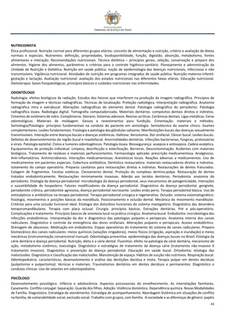 43
NUTRICIONISTA
Ética profissional. Nutrição normal para diferentes grupos etários: conceito de alimentação e nutrição, critério e avaliação de dietas
normais e especiais. Nutrientes: definição, propriedades, biodisponibilidade, função, digestão, absorção, metabolismo, fontes
alimentares e interação. Recomendações nutricionais. Técnica dietética – princípios gerais, seleção, conservação e preparo dos
alimentos. Higiene dos alimentos, parâmetros e critérios para o controle higiênico-sanitário. Planejamento e administração da
Unidade de Nutrição e Dietética. Nutrição em saúde pública: noção de epidemiologia das doenças nutricionais, infecciosas e não
transmissíveis. Vigilância nutricional. Atividades de nutrição em programas integrados de saúde pública. Nutrição materno-infantil:
gestação e lactação. Avaliação nutricional: avaliação dos estados nutricionais nas diferentes faixas etárias. Educação nutricional.
Dietoterapia: bases fisiopatológicas, princípios básicos e cuidados nutricionais nas enfermidades.
ODONTÓLOGO
Radiologia: efeitos biológicos da radiação. Estudos dos fatores que interferem na produção da imagem radiográfica. Princípios de
formação da imagem e técnicas radiográficas. Técnicas de localização. Proteção radiológica. Interpretação radiográfica. Anatomia
radiográfica intra e extrabucal. Alterações radiográficas do elemento dental. Patologia radiográfica do periodonto. Patologia
radiográfica óssea. Radiologia digital. Tomografia computadorizada. Materiais dentários: compósitos dentais diretos e indiretos.
Cimentos de ionômero de vidro. Compômeros. Silorano. Sistemas adesivos. Resinas acrílicas. Cerâmicas dentais. Ligas metálicas. Ceras
odontológicas. Materiais de moldagem. Gessos e revestimentos para fundição. Cimentação: materiais e métodos.
Semiologia/Patologia: princípios fundamentais na conduta do paciente em semiologia. Semiotécnica do exame clínico. Exames
complementares. Lesões fundamentais. Fisiologia e patologia das glândulas salivares. Manifestações bucais das doenças sexualmente
transmissíveis. Interação entre doenças bucais e doenças sistêmicas. Halitose. Xerostomia. Dor orofacial. Câncer bucal. Lesões bucais.
Defeitos de desenvolvimento da região bucal e maxilofacial. Anormalidades dentárias. Infecções bacterianas, fúngicas, protozoárias
e virais. Patologia epitelial. Cistos e tumores odontogênicos. Patologia óssea. Biossegurança: assepsia e antissepsia. Cadeia asséptica.
Equipamentos de proteção individual. Limpeza, desinfecção e esterilização. Barreiras. Descontaminação. Acidentes com materiais
biológicos. Tratamento de resíduos e materiais perfurocortantes. Farmacologia aplicada: prescrição medicamentosa. Analgésicos.
Anti-inflamatórios. Antimicrobianos. Interações medicamentosas. Anestésicos locais. Reações adversas a medicamentos. Uso de
medicamentos em pacientes especiais. Cobertura antibiótica. Dentística restauradora: materiais restauradores diretos e indiretos.
Isolamento do campo operatório. Preparos cavitários para restaurações diretas e indiretas. Restaurações de dentes fraturados.
Colagem de fragmentos. Facetas estéticas. Clareamento dental. Proteção do complexo dentino-polpa. Restauração de dentes
tratados endodonticamente. Restaurações minimamente invasivas. Adesão aos tecidos dentários. Periodontia: anatomia do
periodonto. Etiologia da doença periodontal: microbiologia da doença periodontal, seus mecanismos de patogenicidade, interações
e suscetibilidade do hospedeiro. Fatores modificadores da doença periodontal. Diagnóstico da doença periodontal: gengivite,
periodontite crônica, periodontite agressiva, doença periodontal necrosante. Lesões endo-perio. Terapia periodontal básica. Uso de
antissépticos e antibióticos na terapia periodontal. Terapia periodontal cirúrgica e regenerativa. Oclusão: sistema estomatognático:
fisiologia, movimentos e posições básicas da mandíbula. Posicionamento e oclusão dental. Mecânica do movimento mandibular.
Critérios para uma oclusão funcional ideal. Etiologia dos distúrbios funcionais do sistema mastigatório. Diagnóstico das desordens
temporomandibulares. Terapia com placa oclusal. Cirurgia: princípios básicos. Extrações dentárias. Pré e pós-operatório.
Complicações e tratamento. Princípios básicos de anestesia local na prática cirúrgica. Anatomia bucal. Endodontia: microbiologia das
infecções endodônticas. Interpretação da dor e diagnóstico das patologias pulpares e periapicais. Anatomia interna dos canais
radiculares. Diagnóstico e controle da emergência das dores orofaciais. Alterações pulpares e periapicais. Acesso endodôntico.
Drenagem de abscessos. Medicação em endodontia. Etapas operatórias do tratamento do sistema de canais radiculares. Preparo
biomecânico dos canais radiculares: meios químicos (soluções irrigadoras), meios físicos (irrigação, aspiração e inundação) e meios
mecânicos (instrumentação convencional manual). Odontologia preventiva: epidemiologia das doenças bucais no Brasil. Etiologia da
cárie dentária e doença periodontal. Nutrição, dieta e a cárie dental. Fluoretos: efeito na patologia da cárie dentária, mecanismo de
ação, metabolismo sistêmico, toxicologia. Diagnóstico e estratégias de tratamento da doença cárie (tratamento não-invasivo X
tratamento invasivo). Diagnóstico e prevenção da doença periodontal. Educação em saúde bucal. Ortodontia: etiologia das
maloclusões. Diagnóstico e classificação das maloclusões. Manutenção de espaço. Hábitos de sucção não nutritivos. Respiração bucal.
Odontopediatria: características, desenvolvimento e análise das dentições decídua e mista. Terapia pulpar em dentes decíduos
(pulpotomia e pulpectomia): técnicas e materiais. Traumatismos dentários em dentes decíduos e permanentes: Diagnóstico e
condutas clínicas. Uso de selantes em odontopediatria.
PSICÓLOGO
Desenvolvimento psicológico. Infância e adolescência. Aspectos psicossociais do envelhecimento. As interrelações familiares.
Casamento. Conflito conjugal. Separação. Guarda dos filhos. Adoção. Violência doméstica. Dependência química. Novas Modalidades
de Família. Diagnóstico. Estratégia de atendimento. Estratégia de acompanhamento. Abordagem Sistêmica em situações de conflito
na família, de vulnerabilidade social, exclusão social. Trabalho com grupos, com família. A sociedade e as diferenças de gênero: papéis
 