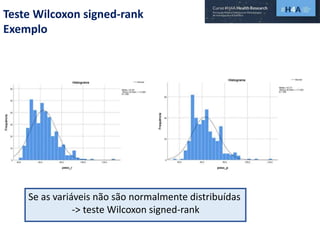 Teste Wilcoxon signed-rank
Exemplo
Se as variáveis não são normalmente distribuídas
-> teste Wilcoxon signed-rank
 