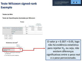 Teste Wilcoxon signed-rank
Exemplo
O valor p = 0.307 > 0.05, logo
não há evidência estatística
para rejeitar H0, ou seja, não
existem diferenças
significativas entre o peso real
e o peso percecionado.
 